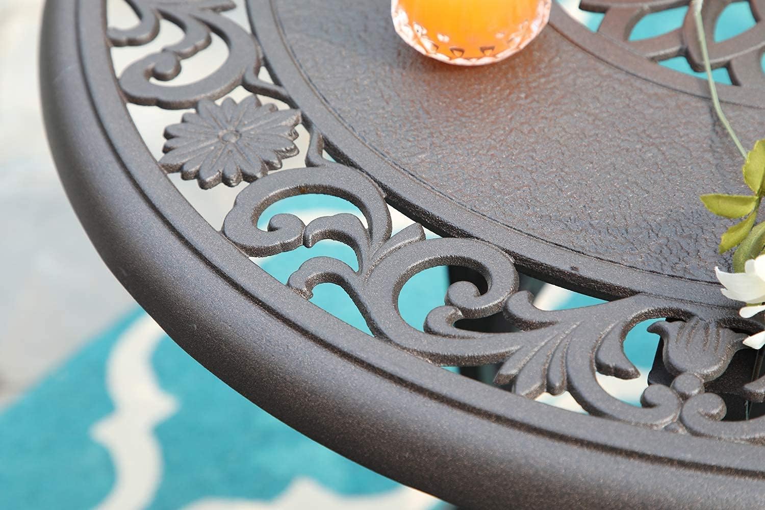 MFSTUDIO Cast Aluminum Patio Bistro Table, Small Patio Table with Umbrella Hole, Outdoor Round High Top Table, 32'' End Side Table for Lawn, Garden, Brown