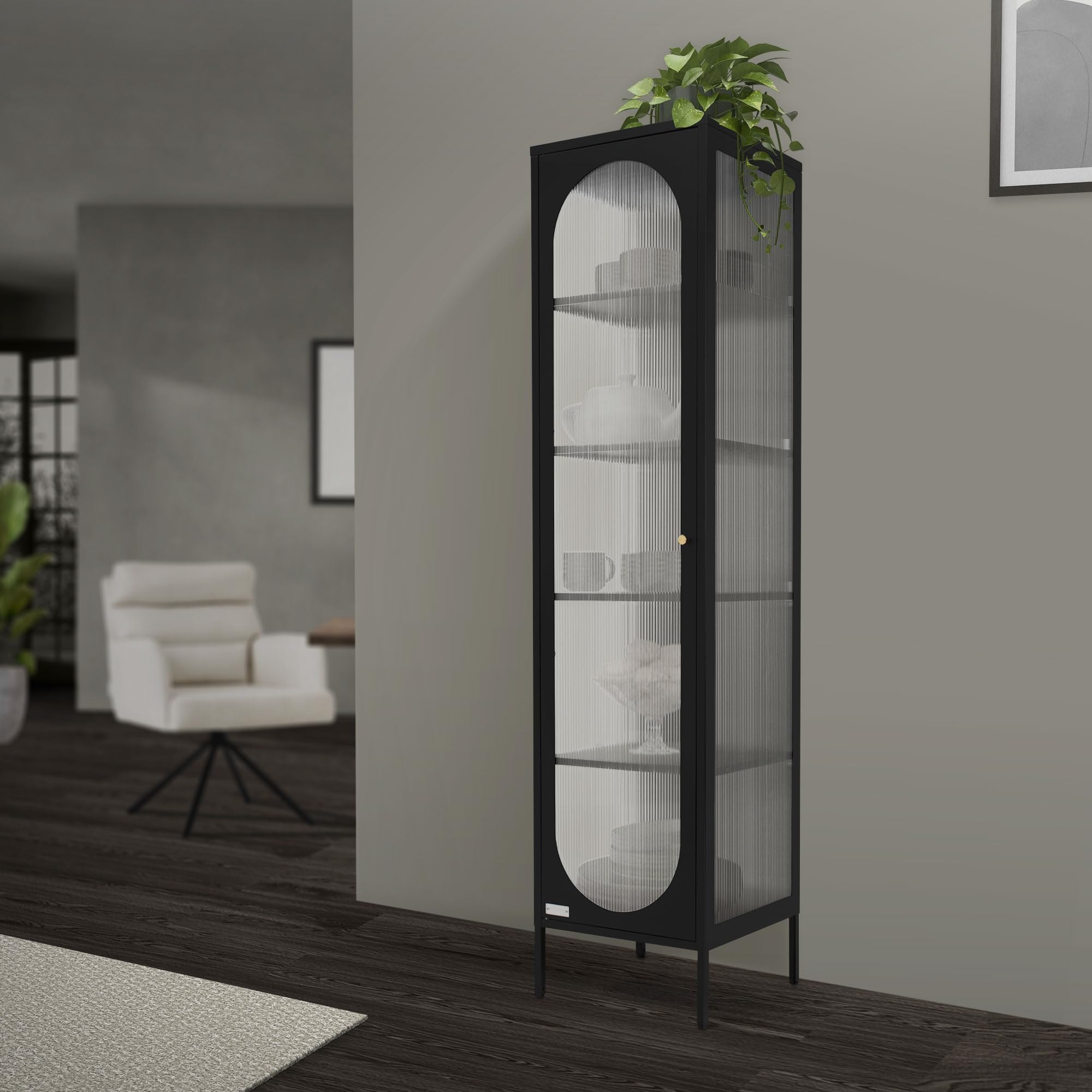 ML-Design gablota 42x175x40 cm czarna waska gablota z 5 pólkami i 1 drzwiami metalowa gablota do salonu wykonana ze stali styl industrialny wysoka gablota regal szafka na dokumenty szafka biurowa
