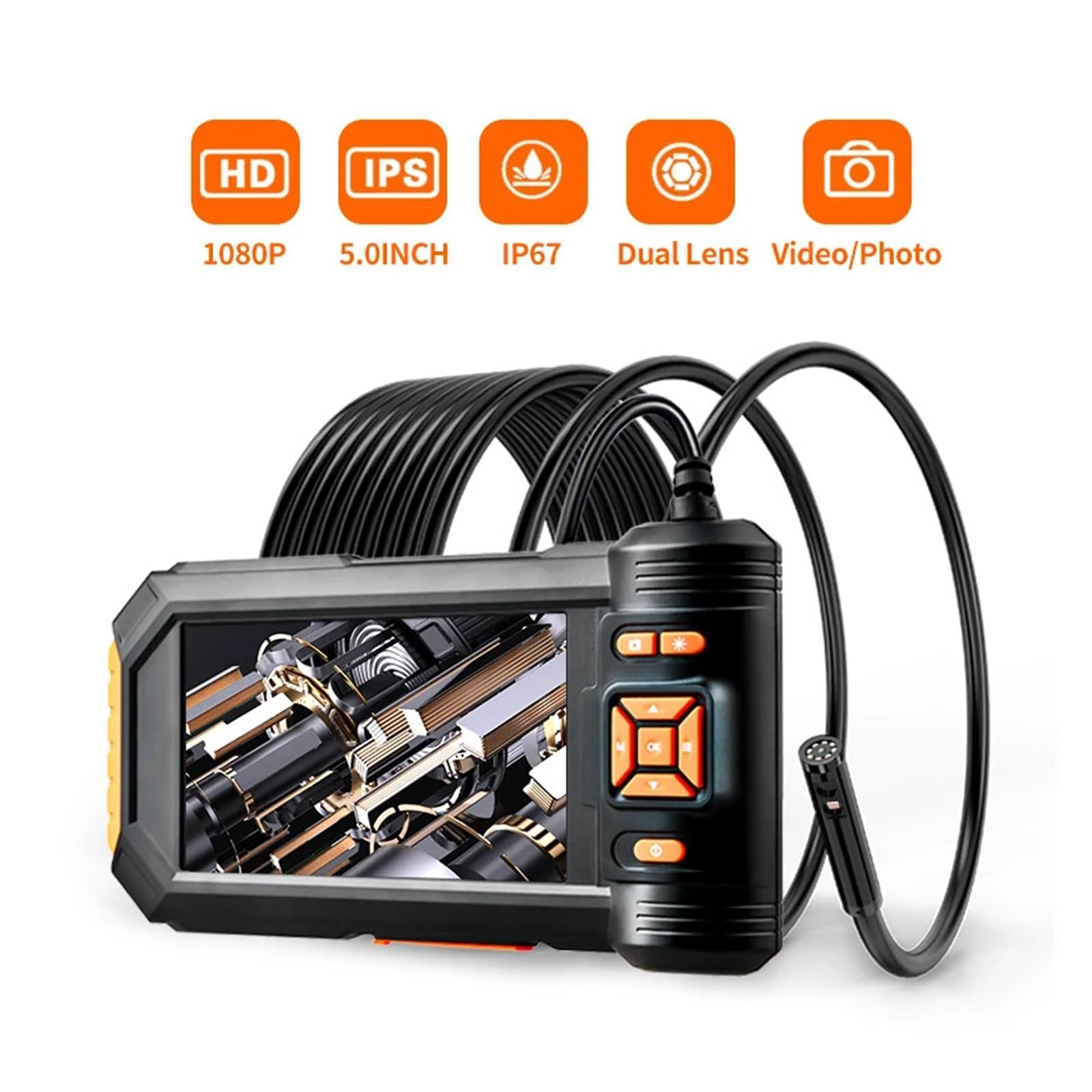 Triple Lens Sewer Inspection Camera With Semi-Rigid Cable 5"IPS LCD Endoscope Camera With Lights Waterproof Drain Pipe Camera(8MM Triple Lens 10M)