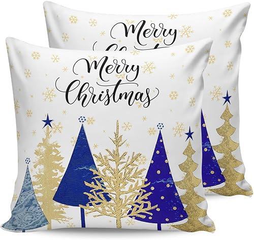 Juego de 2 fundas de almohada de Navidad de 24 x 24 pulgadas, diseño cuadrado de copo de nieve de invierno con árbol azul dorado y dorado, fundas