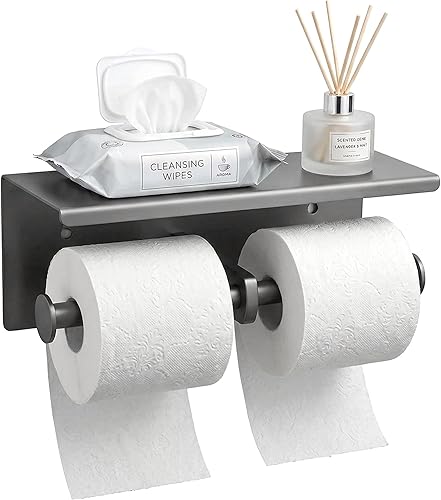 Miniatura 10 de Soporte de papel higiénico doble - Estante de rollo de papel higiénico de acero inoxidable con estante de almacenamiento