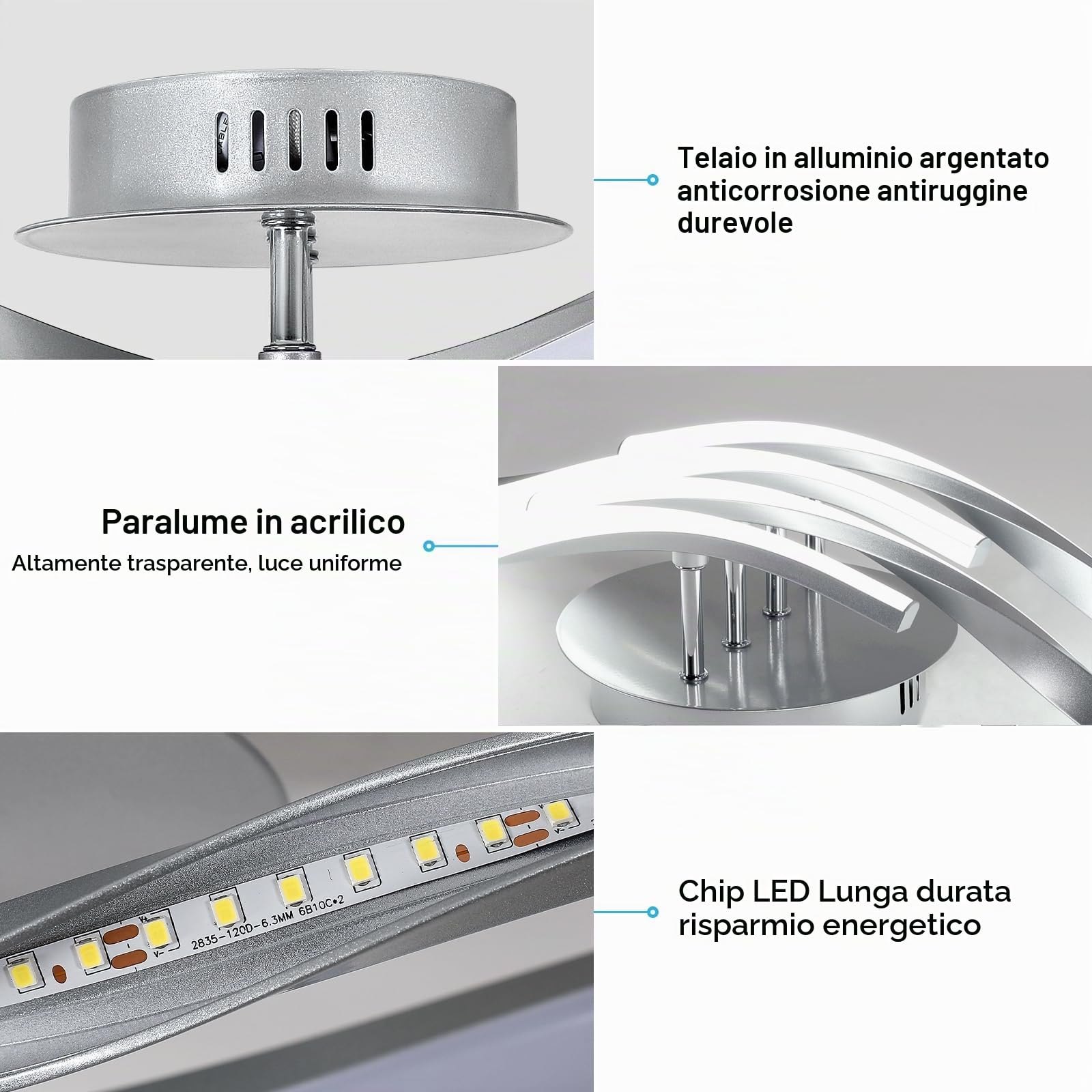 Toolight Lampadario LED Soffitto, 32W 3600LM Ondulato Plafoniera LED in Metallo con 4-Luci, Lampada da Soffitto per Soggiorno Corridoio Cucina, Luce Bianca 6500K, Argento, 60CM