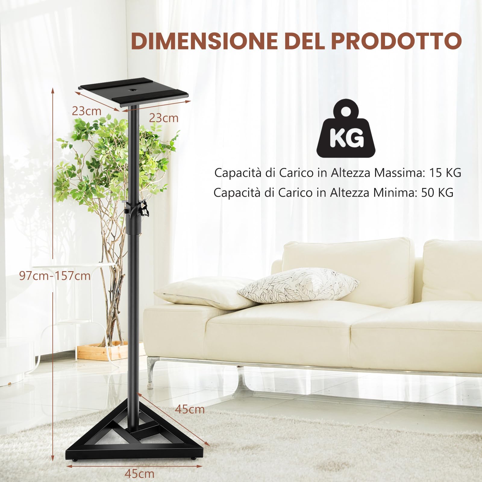 GYMAX Set di 2 Supporti per Altoparlanti, Regolabili in Altezza, con Base Triangolare, Adesivi Antiscivolo, Piattaforma Quadrata da 23 cm, Stativi per Casse per Casa, Studio