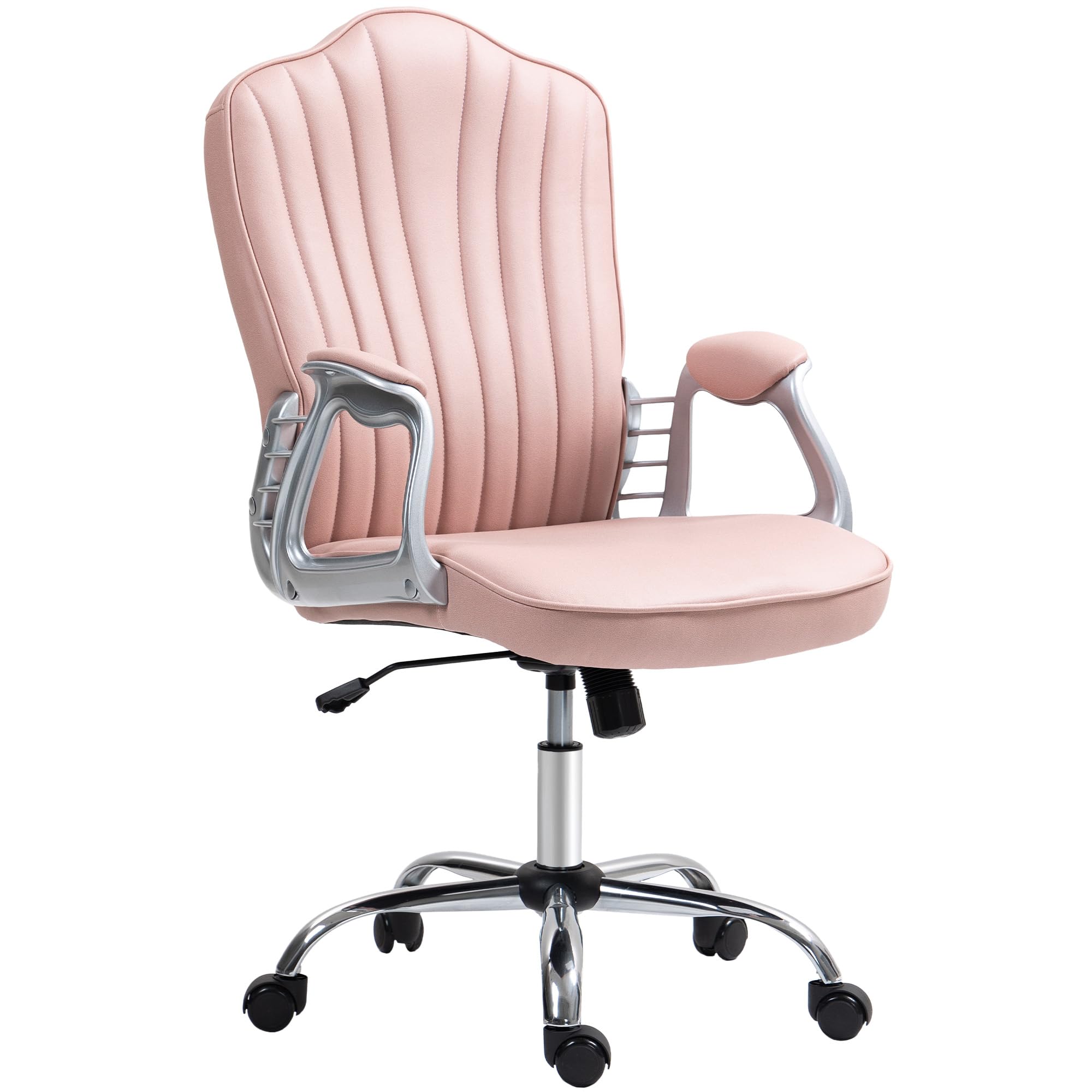 HOMCOM Silla de Oficina Silla de Escritorio Giratoria Reposabrazos Rosa | Altura Ajustable, Respaldo Curvado, Función de Basculante