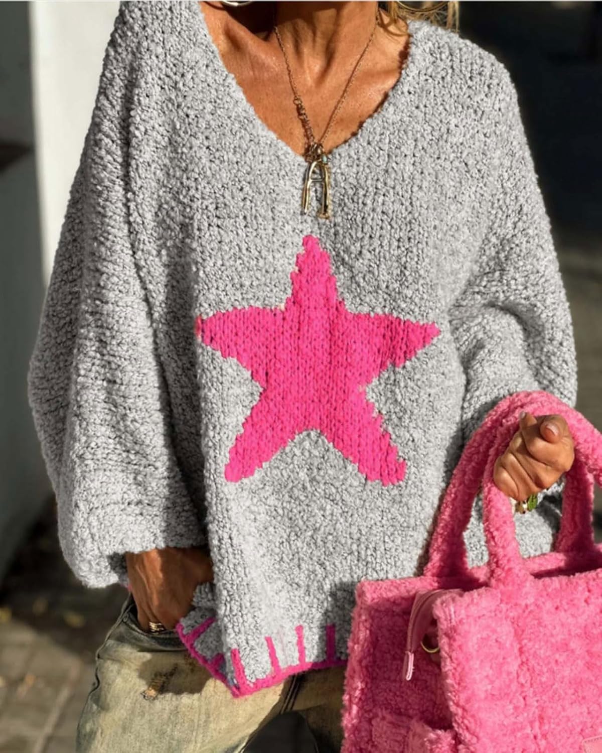 CHARTOU Women Fuzzy V Neck Off Shoulder Star Graphic Drape Oversized Pullover Sweater with Contrast Trim