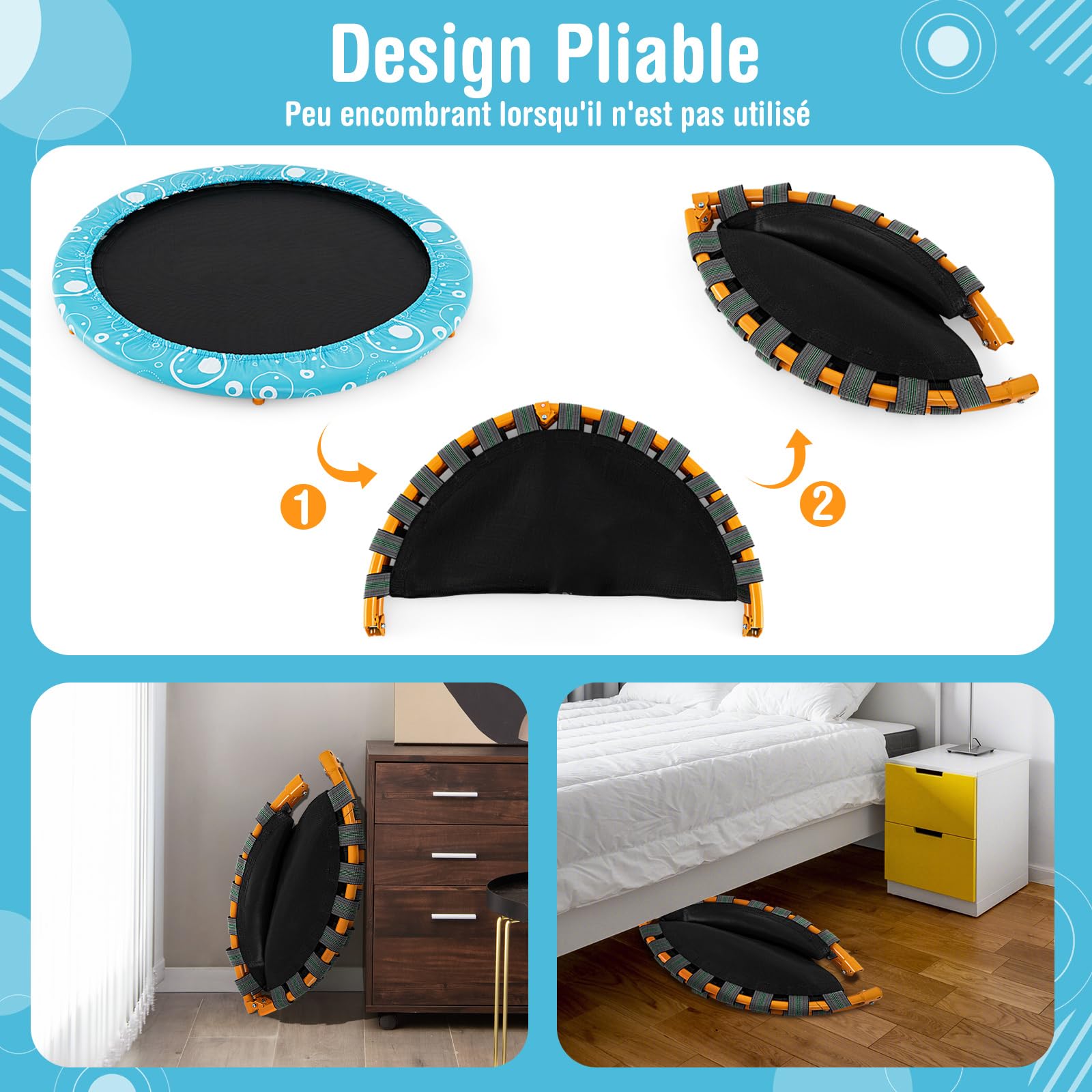 COSTWAY Mini Trampoline Enfants Pliable 92 cm avec Housse de Sécurité Matelassée et Poignée Recouverte pour Intérieur Charge maximale 150 KG