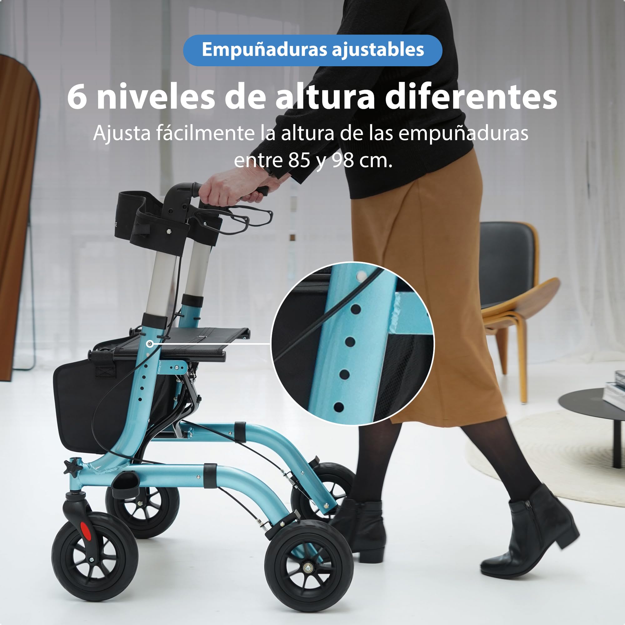 Safe Age Andador para Ancianos con Ruedas - Ligero y Plegable con Asiento para Interior y Exterior - con Respaldo y Soporte para Bastón
