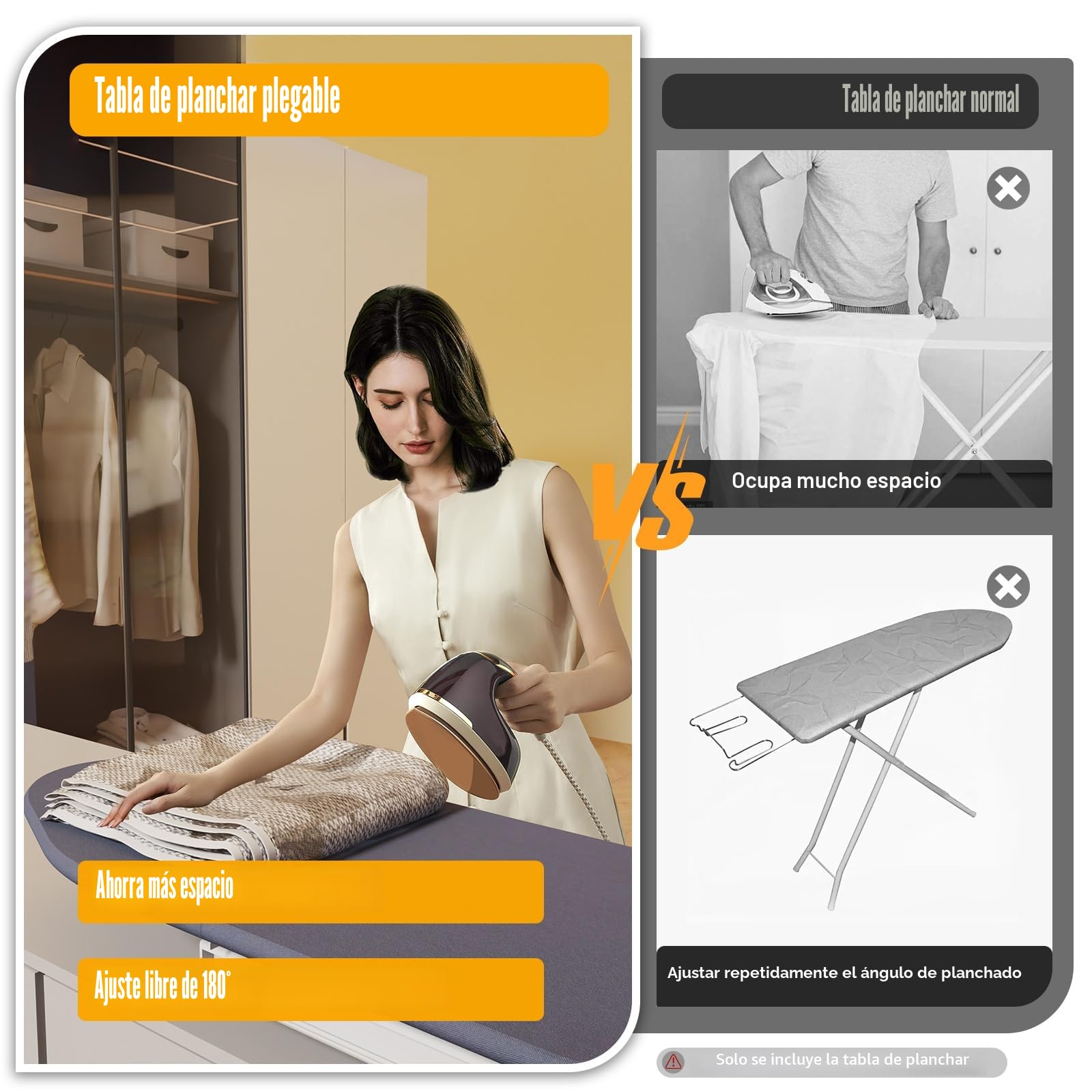 Tabla de planchar plegable para armario, giratoria 180 grados, tablero de fibra de densidad media, aluminio, para cocina, dormitorio, 42,5 x 14,5 cm