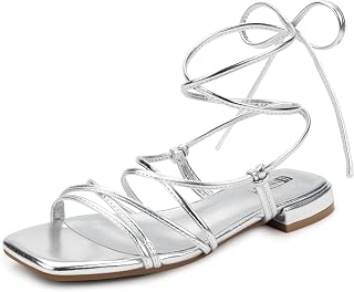 IDIFU Strappy Lace Tie Up Square Toe Ankle Wrap Flat Sandals for Women