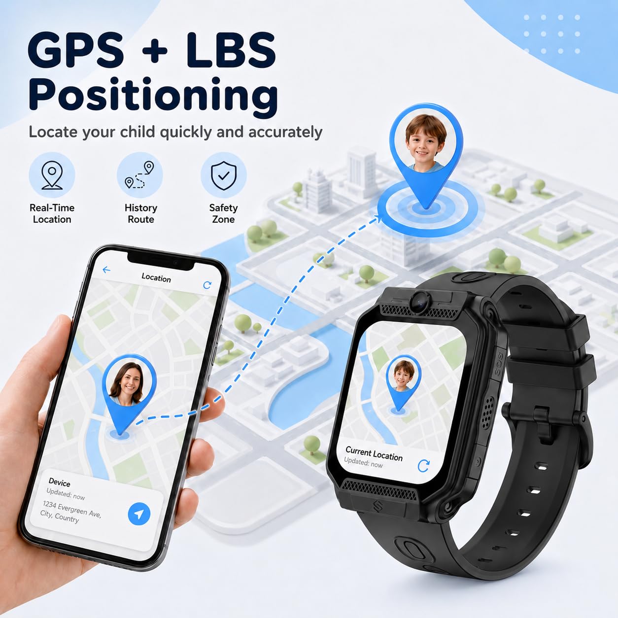 clleylise Smartwatch Bambini con GPS+LBS, Videochiamata, Chiamata, SOS, 7 Giochi Educativi, Modalità Scuola, Contapassi e Fotocamera, Orologio Digitale Multifunzione, Telefono per Bambini