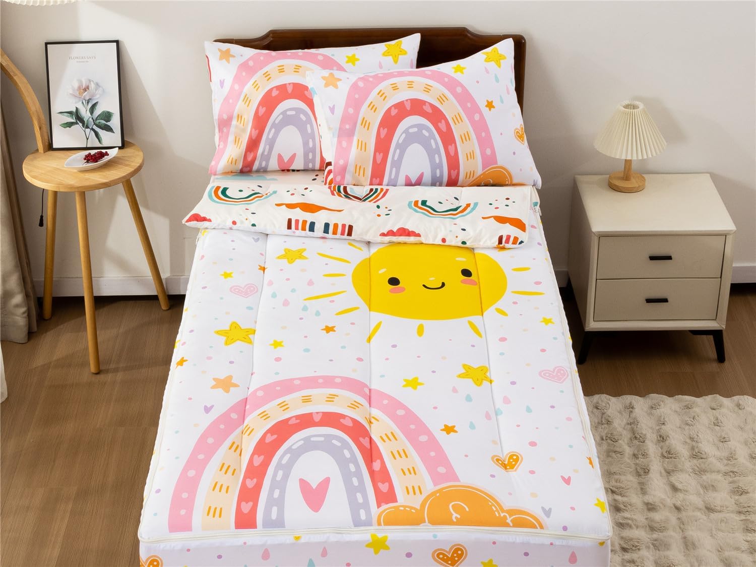 NTBED Rainbow Sun Printed Zipper Bedding Sets Twin for Kids Girls Lightweight Microfiber Comforter Set with Fitted Sheet Pillow Covers,White