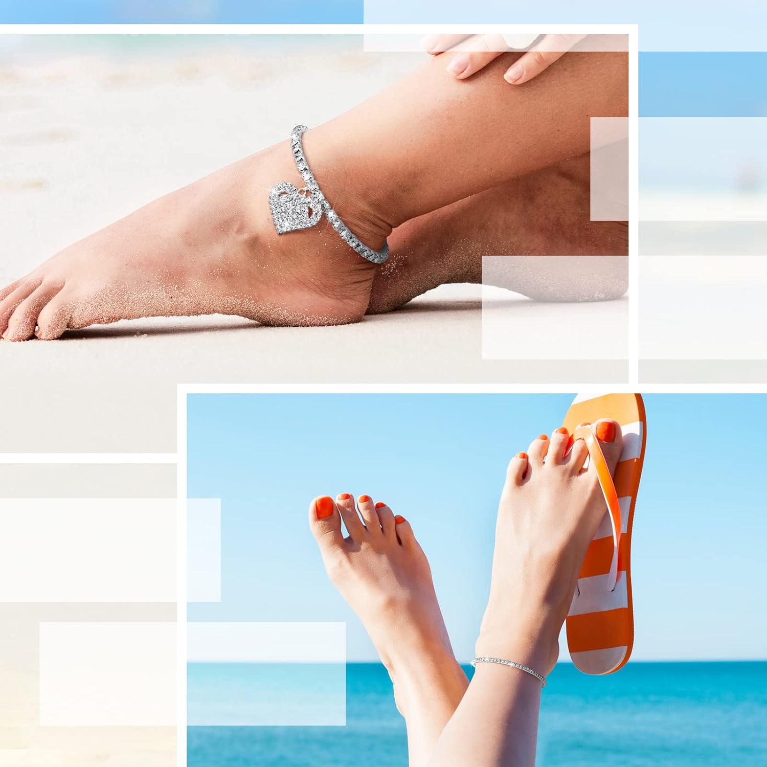 Laumoi 6 Pcs Ankle Bracelets for Women Christmas Rhinestone Stretch Anklet Heart Ankle Bracelets Anklet Jewelry Crystal Foot Chain(Silver, Heart Style) - Image 4