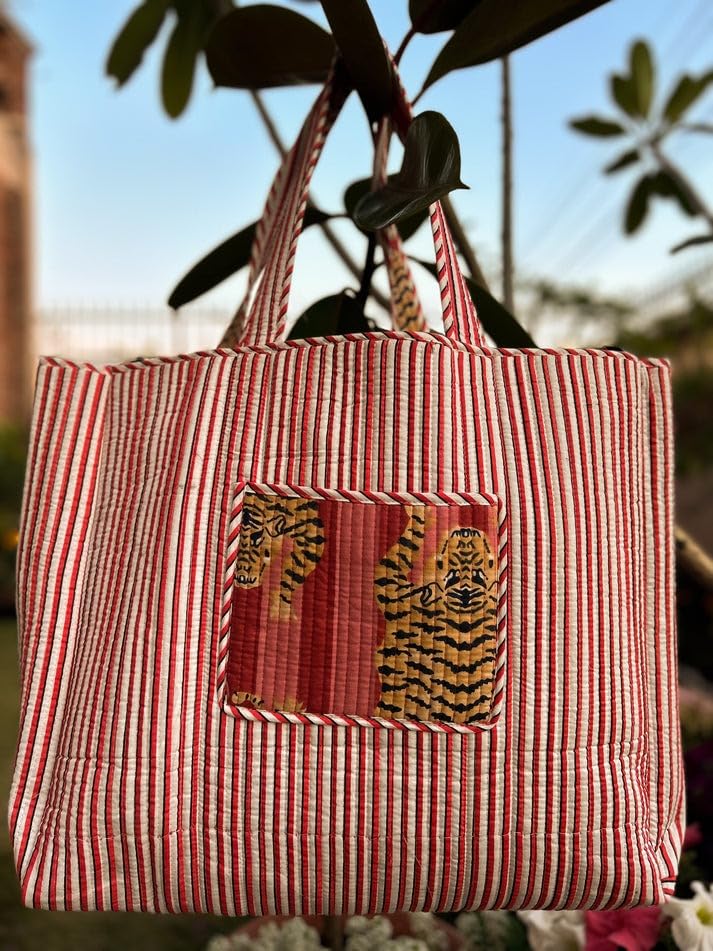 Image of YILLE Cotton Quilted Floral & Tiger Print Tote Bag, 18 x 18 inches For Grocery Shopping, Travel
