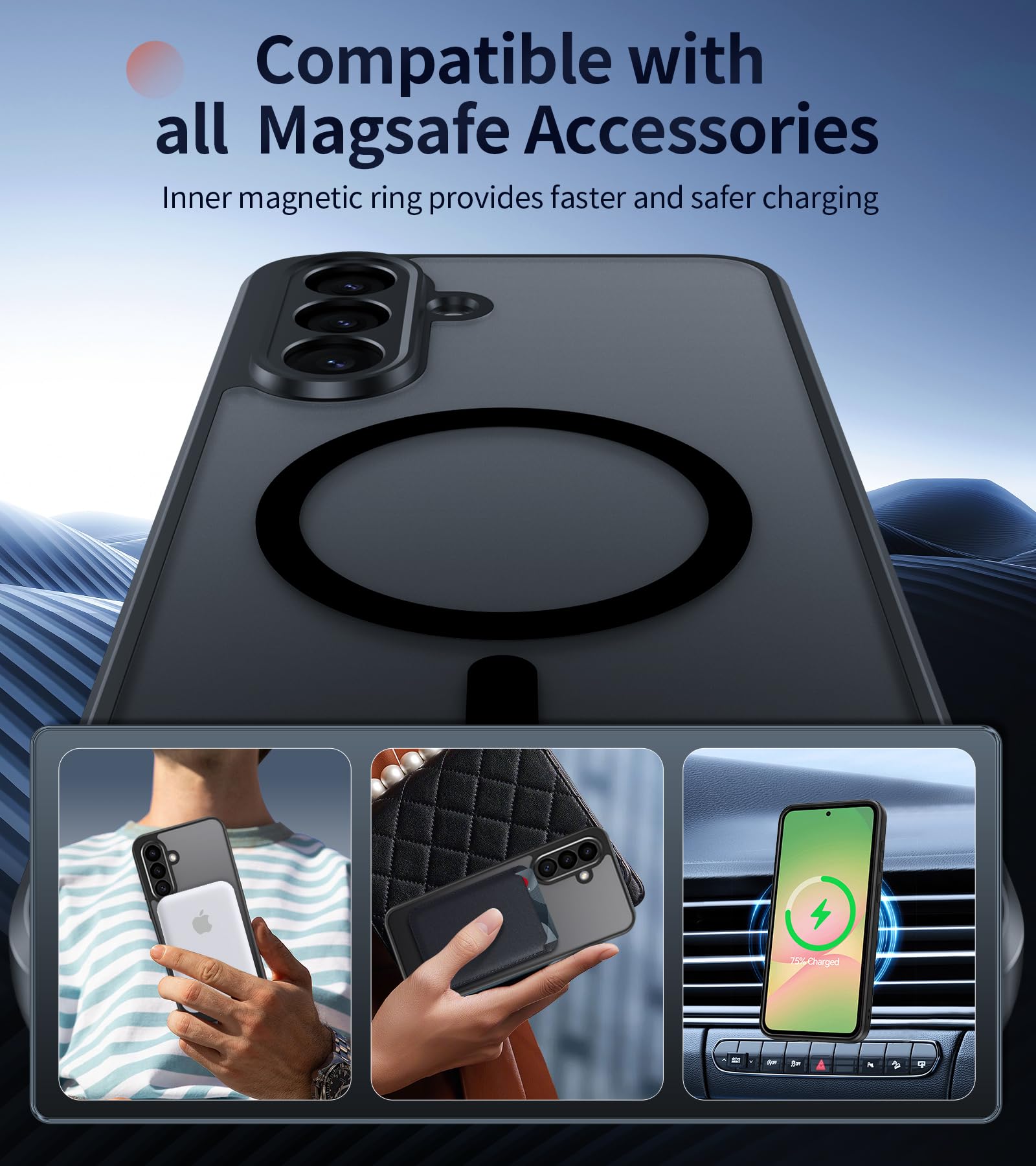 Opkiegrn Magnetica Cover per Samsung Galaxy A56 5G con 2 Pezzi Vetro Temperato, Compatibile con MagSafe, [Antiurto Grado Militare] Custodia Posteriore Glassata Traslucida Anti-Impronte, Nero