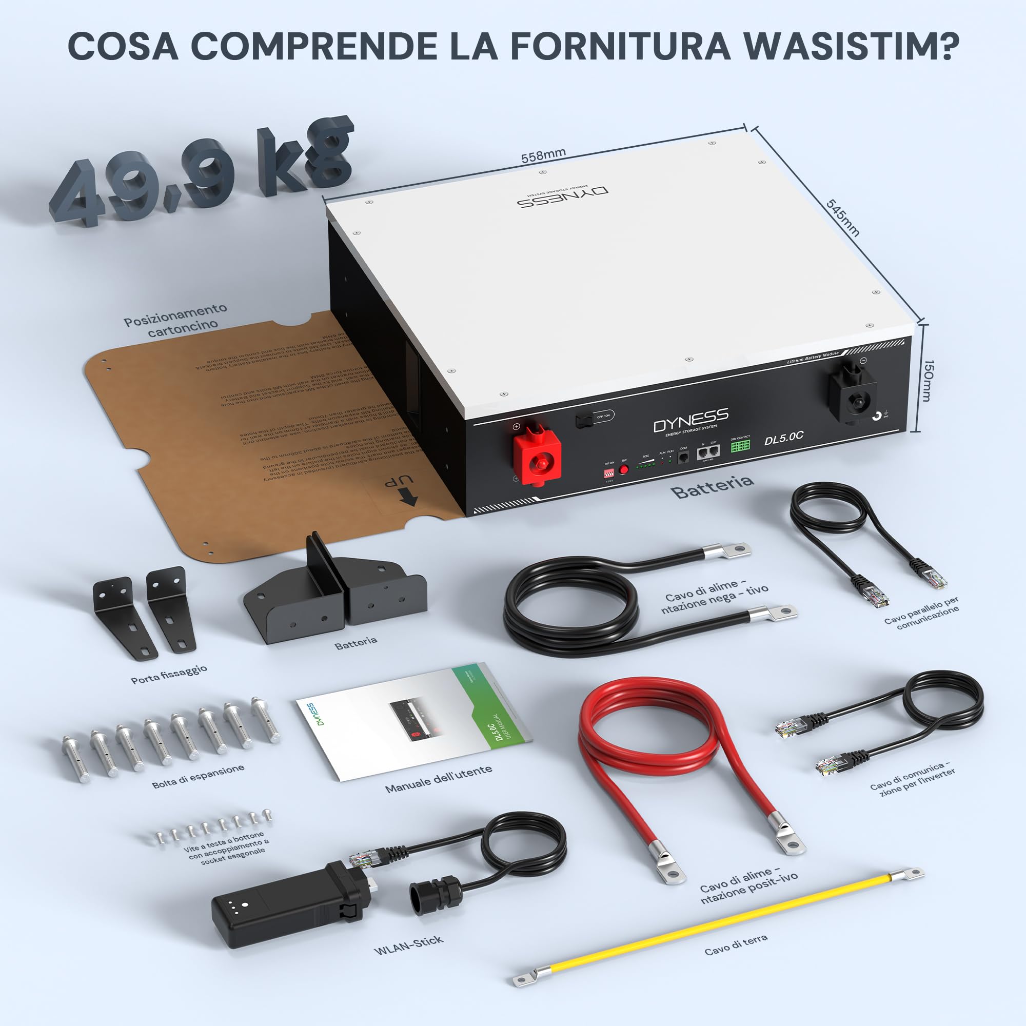 Batterie LiFePO4 da 48V(51.2V) 100Ah con BMS100A, WiFi, Supporto CAN & RS485, Batteria Solare al Litio Ferrofosfato da 5.12kWh per Impianto Solare Completo, Sistema Fotovoltaico