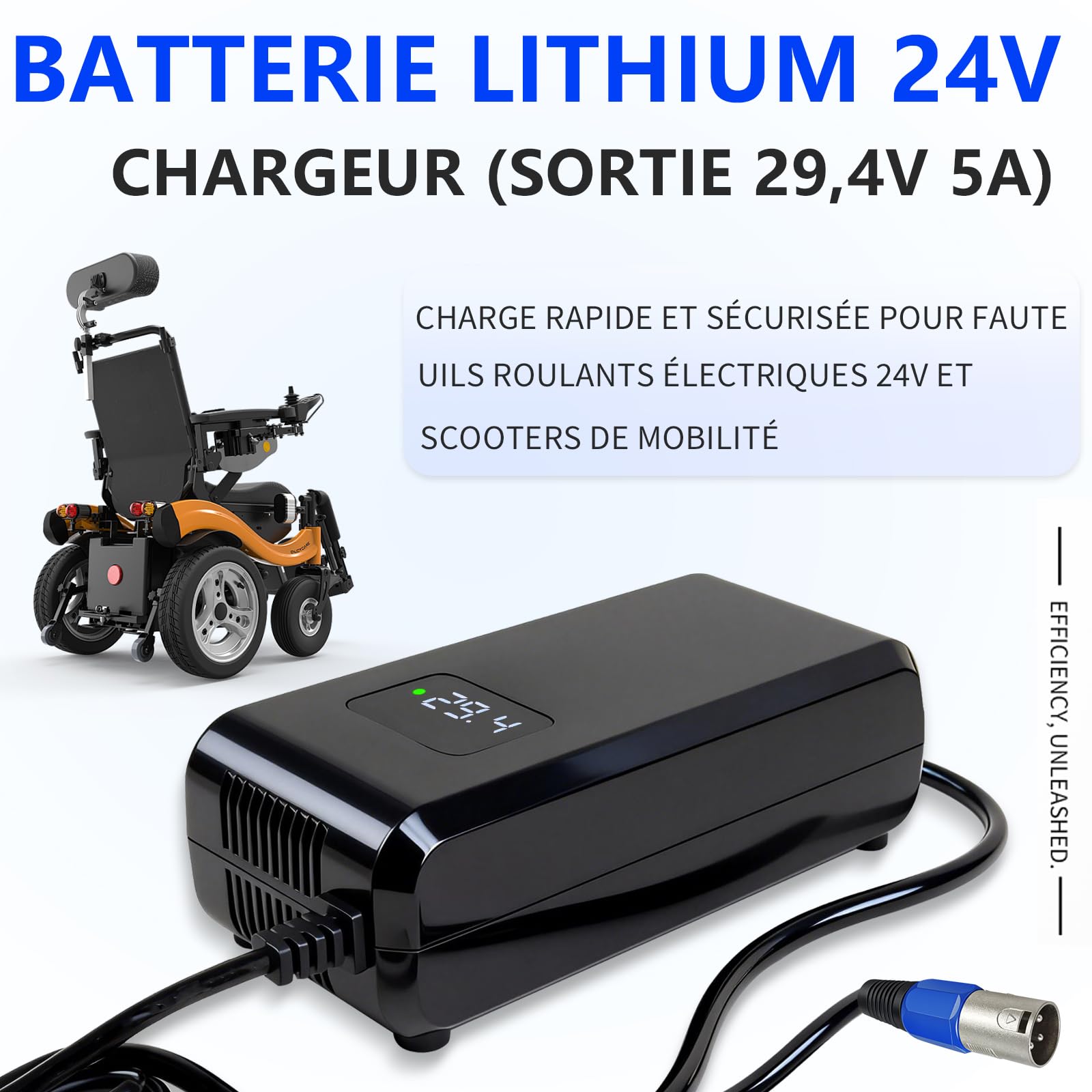 Cargador 29,4 V 5 A XLR para batería de iones de litio de 24 V – Silla de ruedas y Scooter de movilidad con pantalla LED