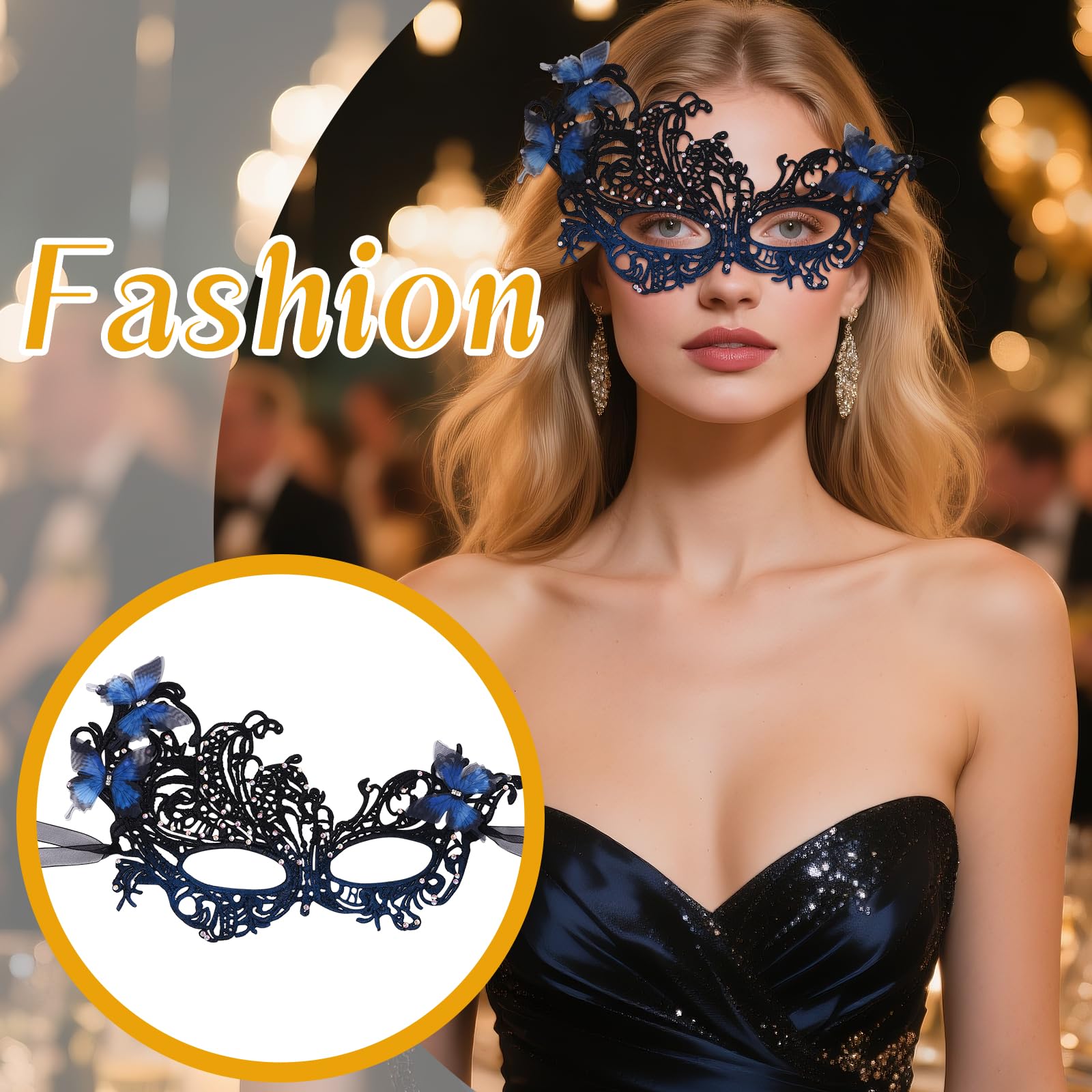 JewelryWe Women's Lace Masquerade Masks: Butterfly Mask with Rhinestone Adjustable Costume Accessories for Halloween Cosplay - Image 4
