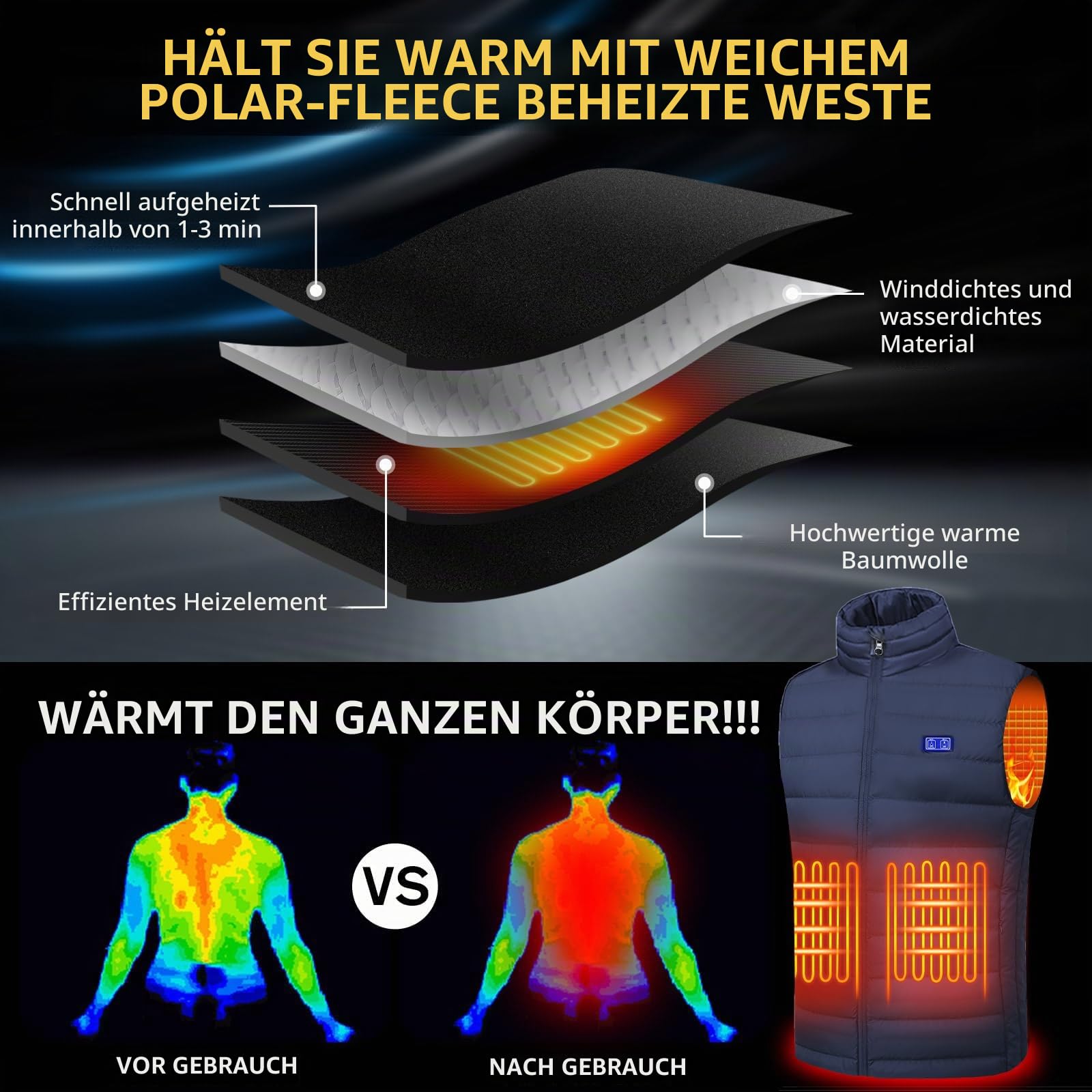 Beheizbare Weste für Herren Damen: Winter Warme Beheizte Jacke Weste mit 5V 10000 Mah Akku, 3 Einstellbaren Temperaturen, Waschmaschinenfest für Outdoor-Aktivitäten
