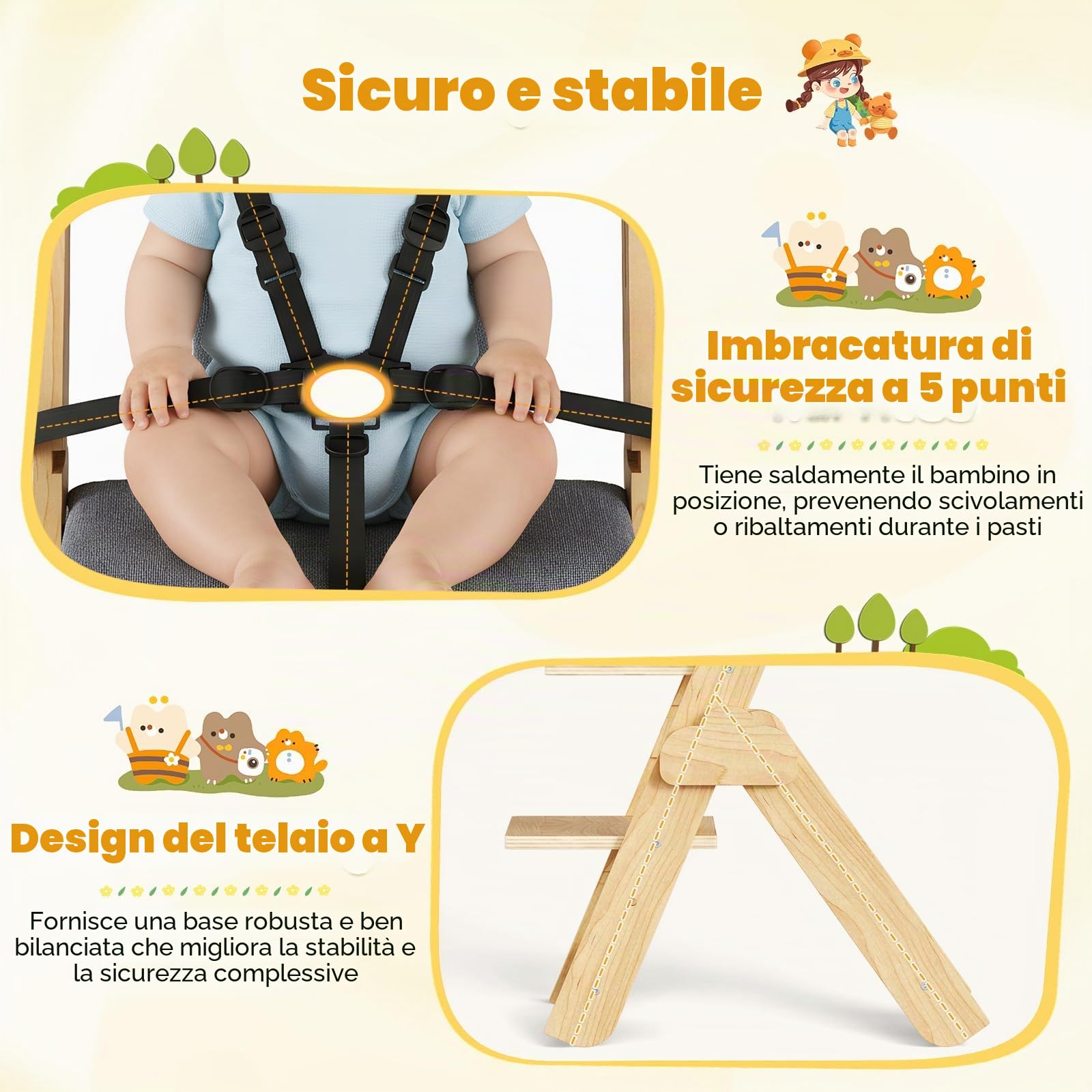 Seggiolone Pappa Legno, 2 in 1 Seggiolone Evolutivo, Sedia Ergonomica con Cintura a 5 Punti e Spartigambe Regolabili, Facile da Pulire, Natural Wood + Cuscino per Bambini 6+ Mesi