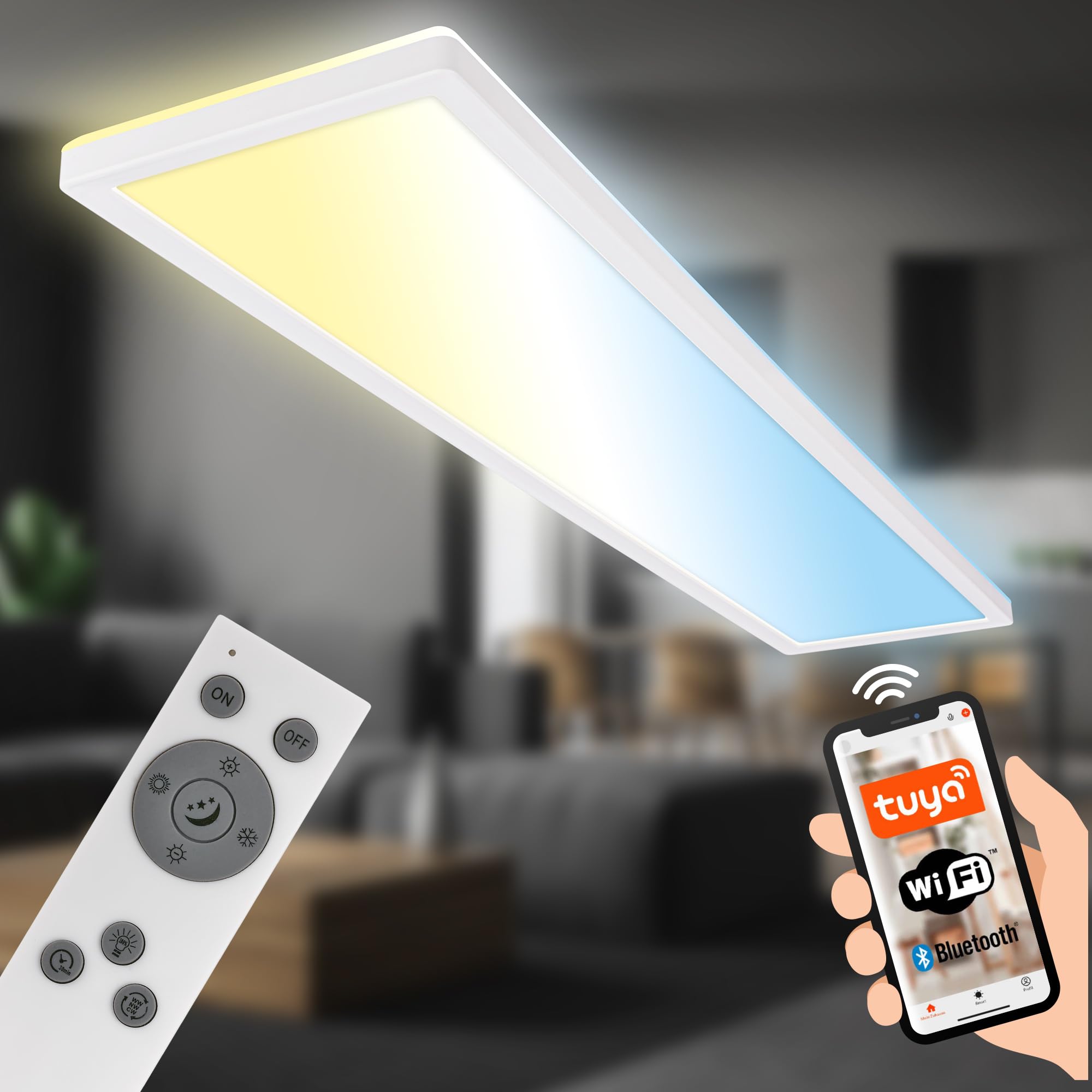 BRILONER - Lámpara de techo LED 98cm plana Smart Home, funciona con Alexa, lámpara LED, lámpara de techo LED, lámpara de salón, panel LED, lámpara de cocina, dormitorio, 98x20x3 cm, blanco