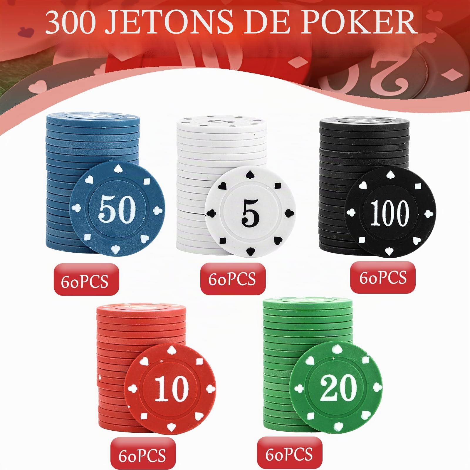 STARVAST Lot de 300 jetons de poker en plastique numérotés 5/10/20/50/100 pour les voyages et les fêtes de famille
