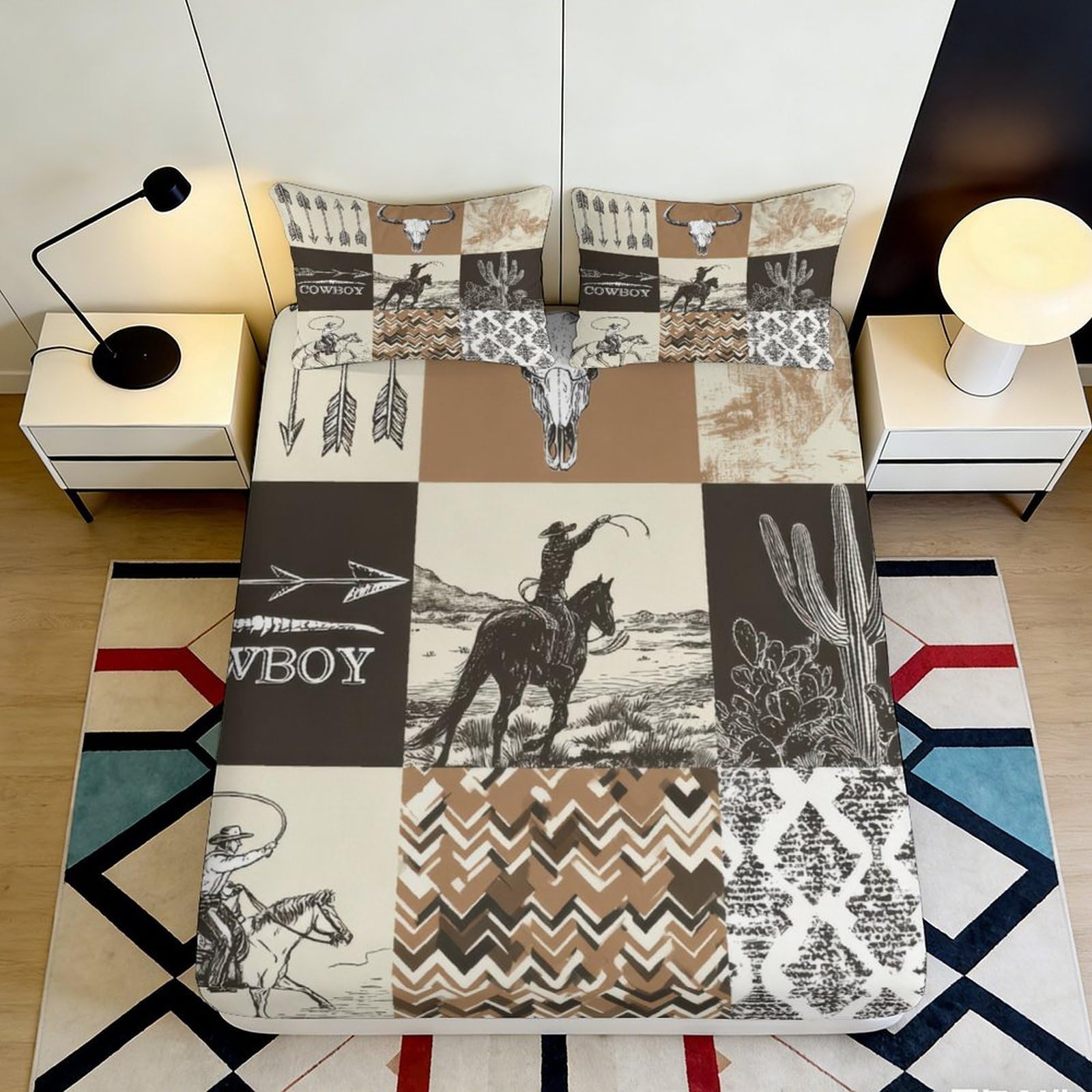 3D Printed Western Cowboy Fitted Sheet Microfiber Boho Cactus Mattress Cover for Bedroom Guest Room Easy Care 90x200x25cm
