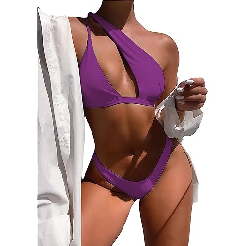 Lilosy Sexy Cutout One Shoulder Bikini High Cut Brazilian Bikini Swimsuit Set 2 Piece