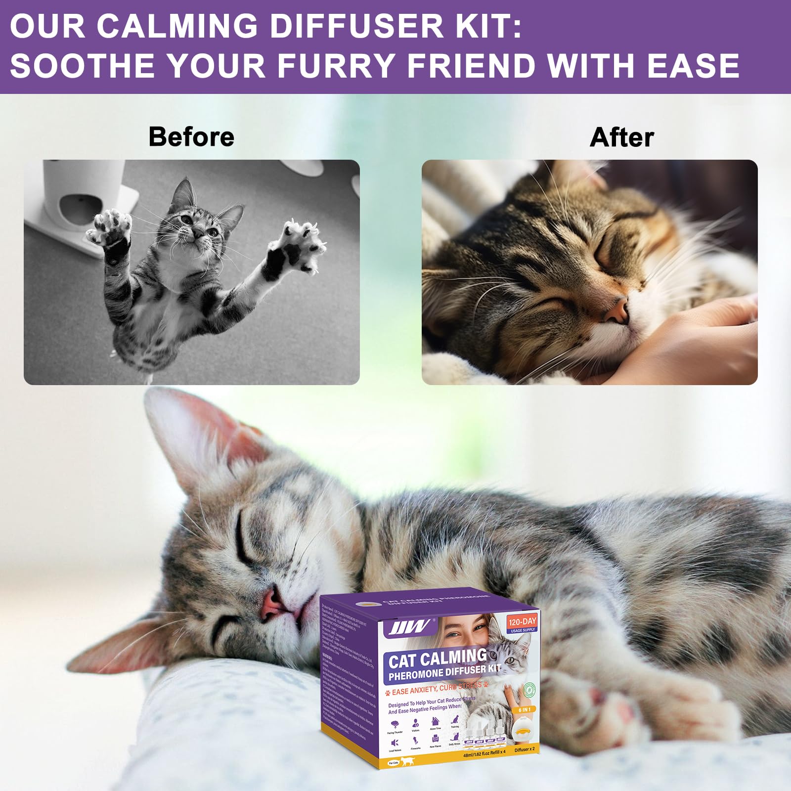 JJW Kit Diffusore di Feromoni Calmanti 6 in 1 per Gatti - Riduce Ansia, Lotte e Graffi, 2 Diffusori + 4 Ricariche, 120 Giorni di Uso (Viola, S)