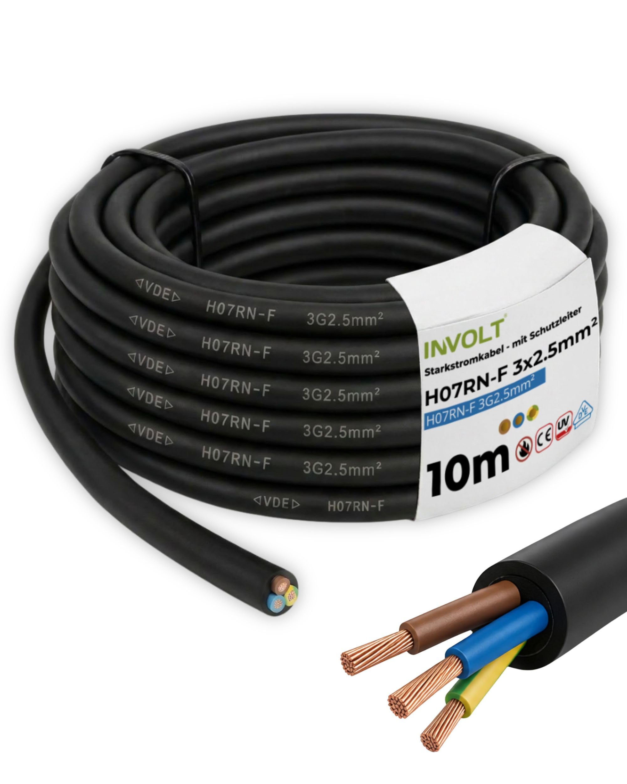 INVOLT H07RN-F 3 x 2,5 mm² Câble en caoutchouc VDE flexible avec conducteur de protection 10 m