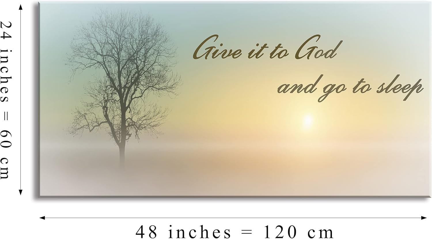 Misty Sunset & Tree Plant Picture For Bedroom Above Bed,Large White Country Wood Sign For Bathroom Canvas Wall Art,Give It To God And Go To Sleep Artwork Decor,Gallery Wrapped Gift,Inner Frame(24x48)