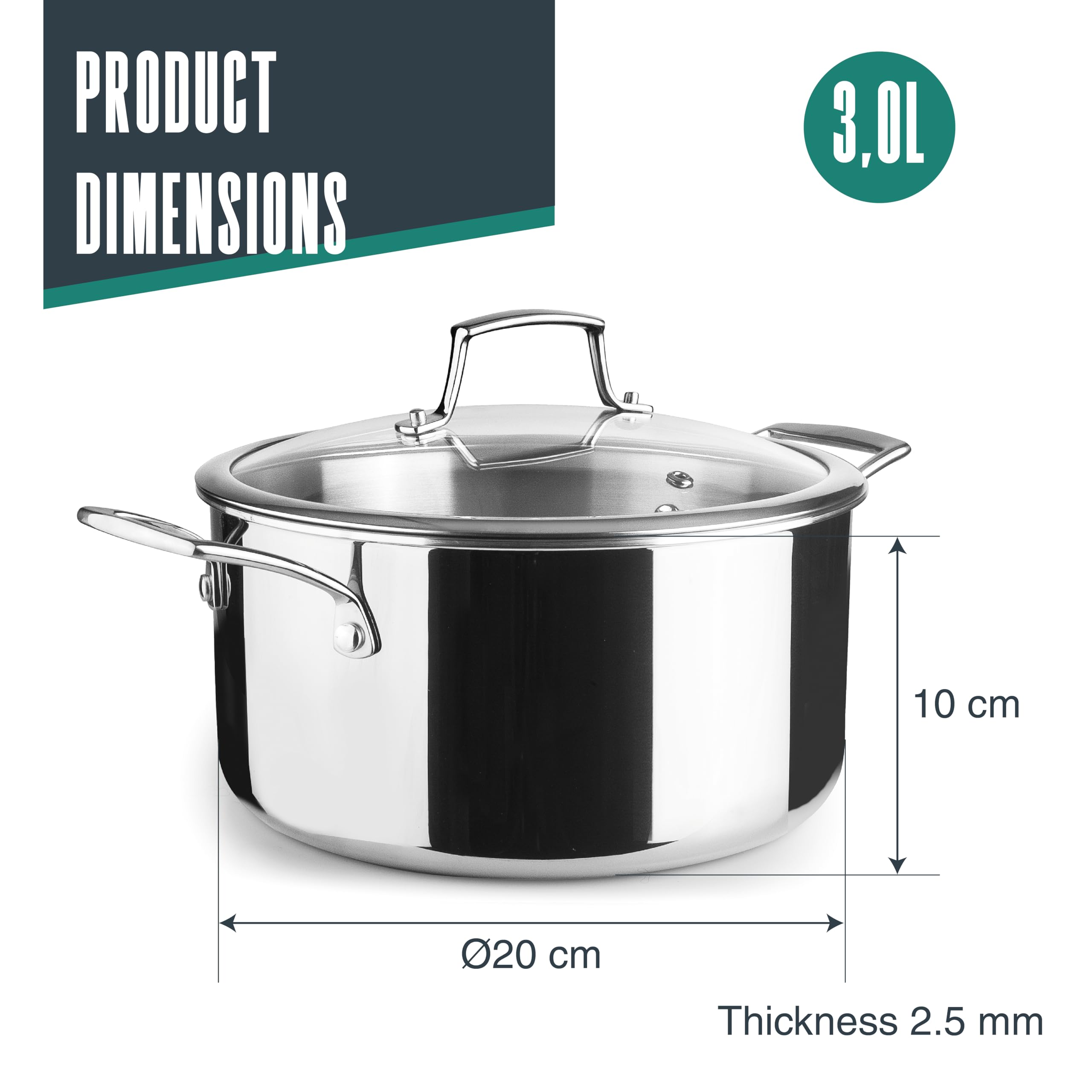 Lacor - 60870 - Trichef Kasserolle, 3 L, 20 cm, Edelstahl 18/10 und 1060-Aluminium, dreilagig, Griffe und Knopf aus Stahlguss, Geeignet für Induktion, Backofen und Spülmaschine