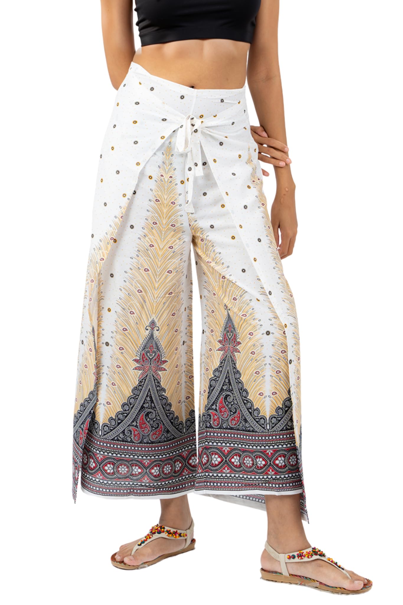 Your Cozy Women's White Peacock ’S Boho Palazzo Pants – Wide Leg Harem Pants For Yoga, Lounge, Festival, Travel – Lightweight Adjustable Waist Hippie Trousers (White Peacock)