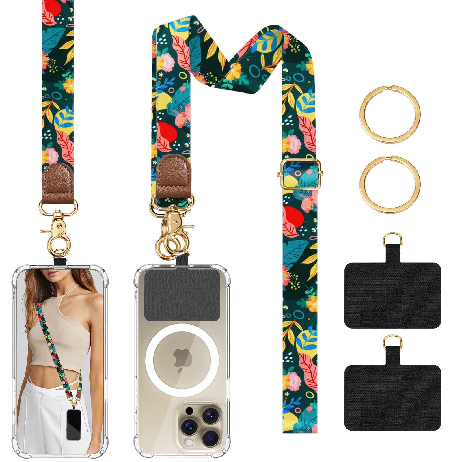 Timovo Unisex Green Flower Phone Lanyard Crossbody Wrist Strap, Adjustable Anti-Theft Strap For All Smartphone Case, Universal Cell Phone Neck Lanyard For Women And Men,