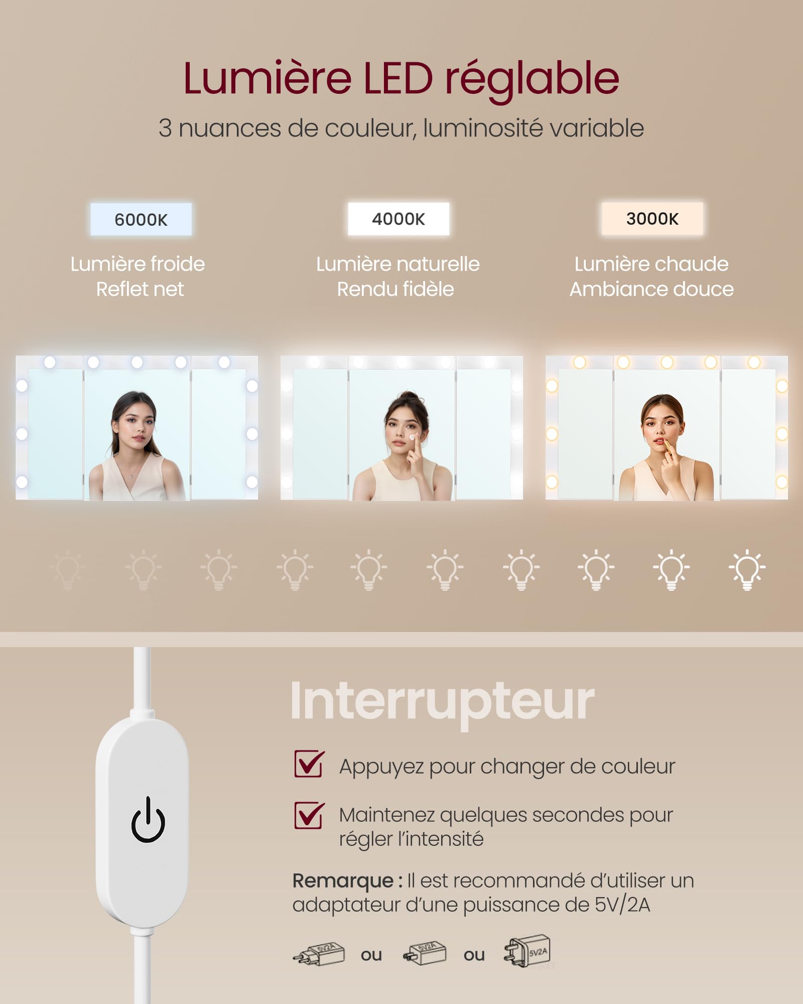 VASAGLE KAILYN Collection - Coiffeuse avec 3 Miroirs Pliables, 11 Ampoules, Multiprise, 9 Tiroirs, Éclairage 3 Couleurs, Table de Maquillage, Installation des Rails sans Outils, Blanc Nuage RDT146WB01
