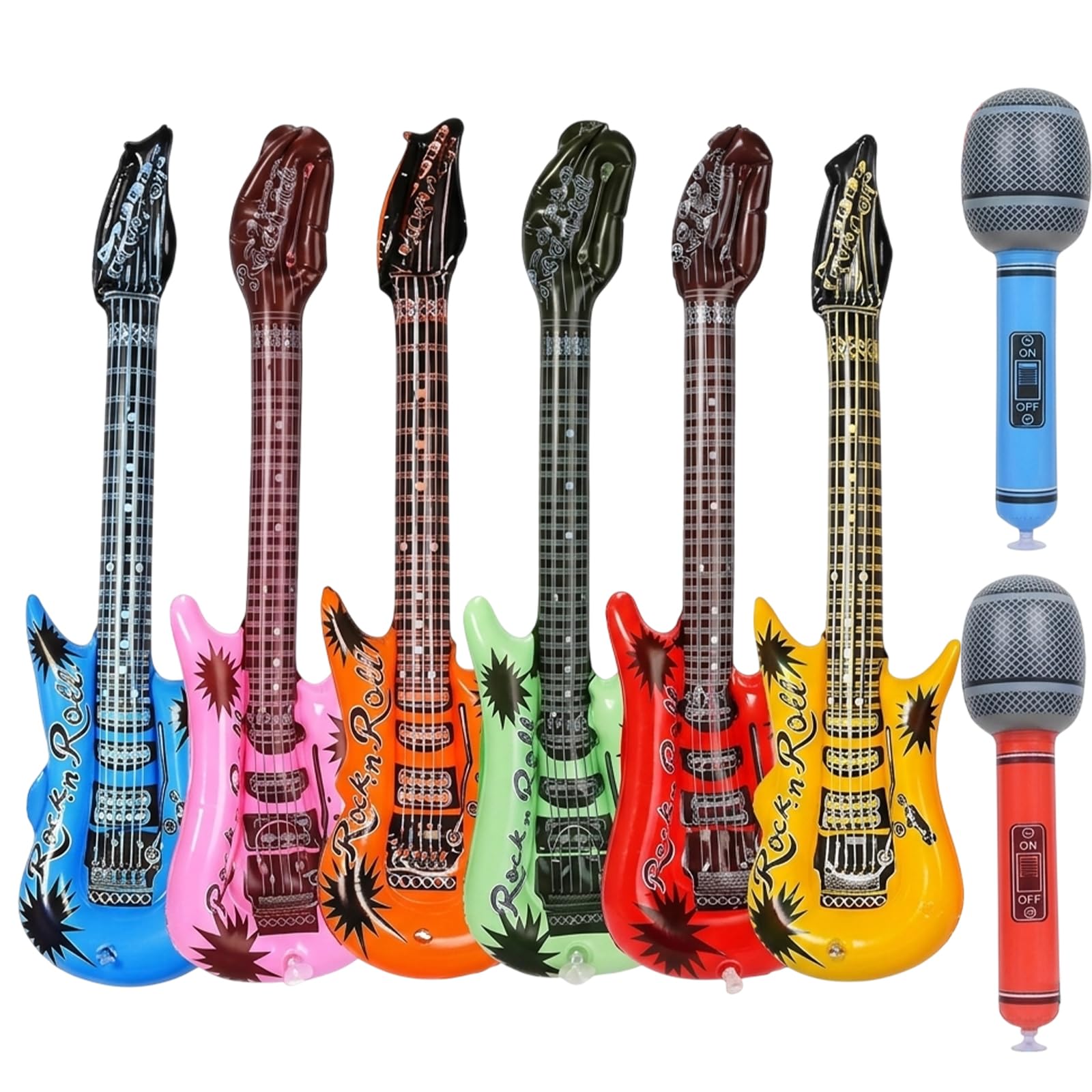6Pcs Inflatable Guitars and Microphones Set, 6 Random Inflatable Guitars and 2 Random Blow Up Microphones, Party Decoration and Musical Theme Events, Portable Inflatables for Indoor and Outdoor Use