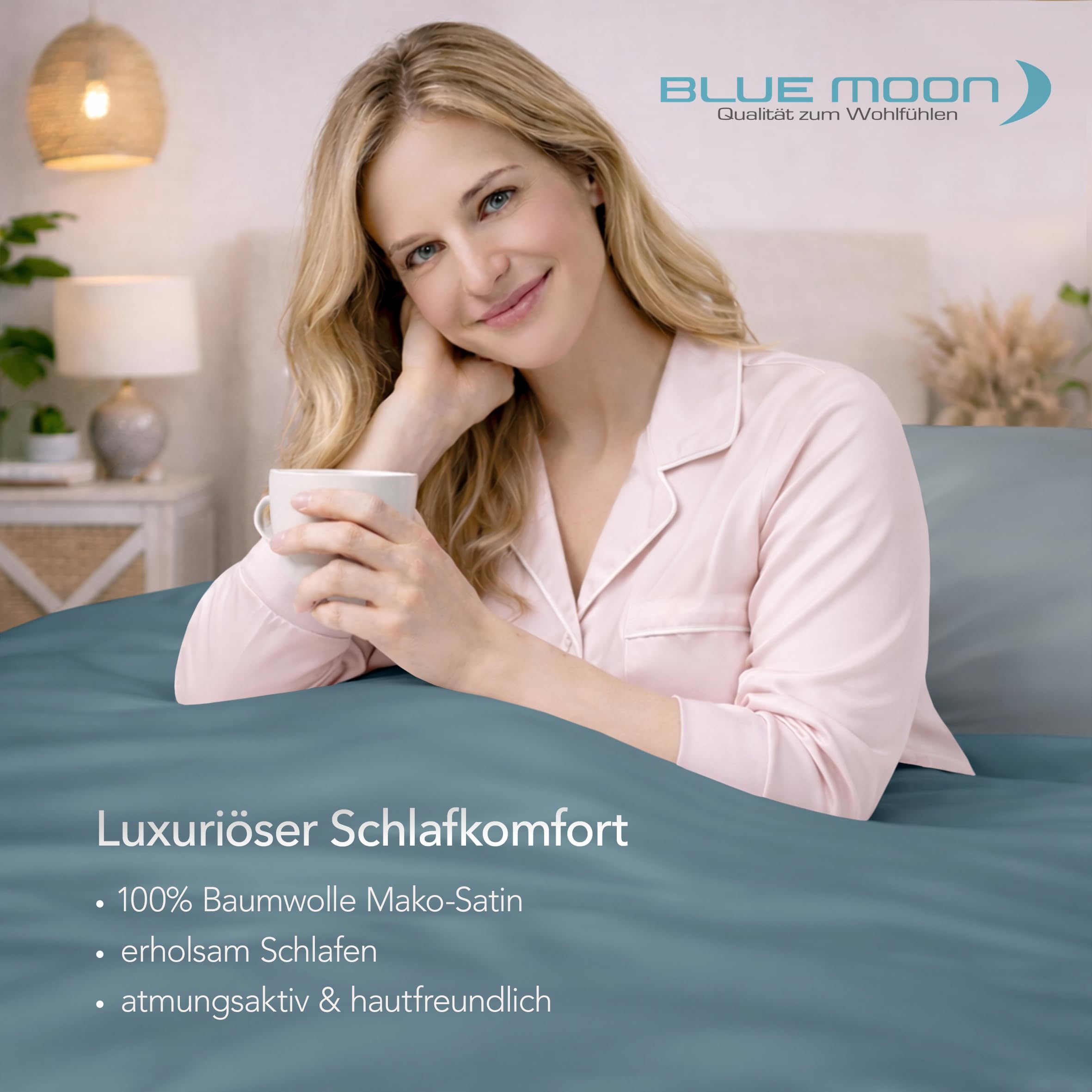 BLUE MOON Bettwäsche 155x220 cm Satin Bettwäsche-Sets 100% Baumwolle Wendebettwäsche - Made in EU - 1x Bettbezug 155x220 cm und 1x Kopfkissenbezug 80x80 cm (Aqua, 155 x 220 + 80 x 80 cm)