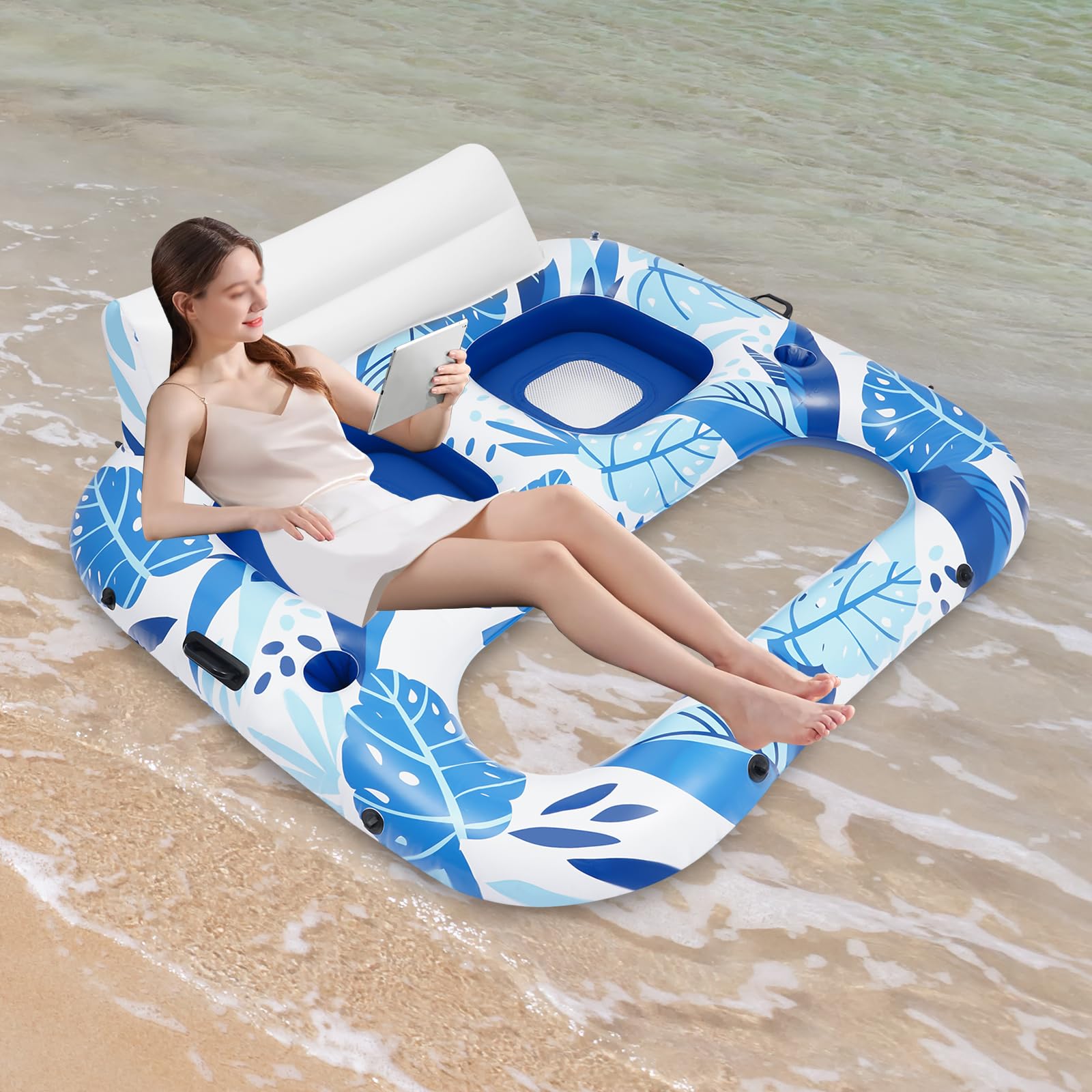 Materassino gonfiabile per piscina per adulti, per 2 persone, con portabicchieri e schienale, isola galleggiante, a forma di U, per adulti, spiaggia, lago, vacanze estive, blu e bianco