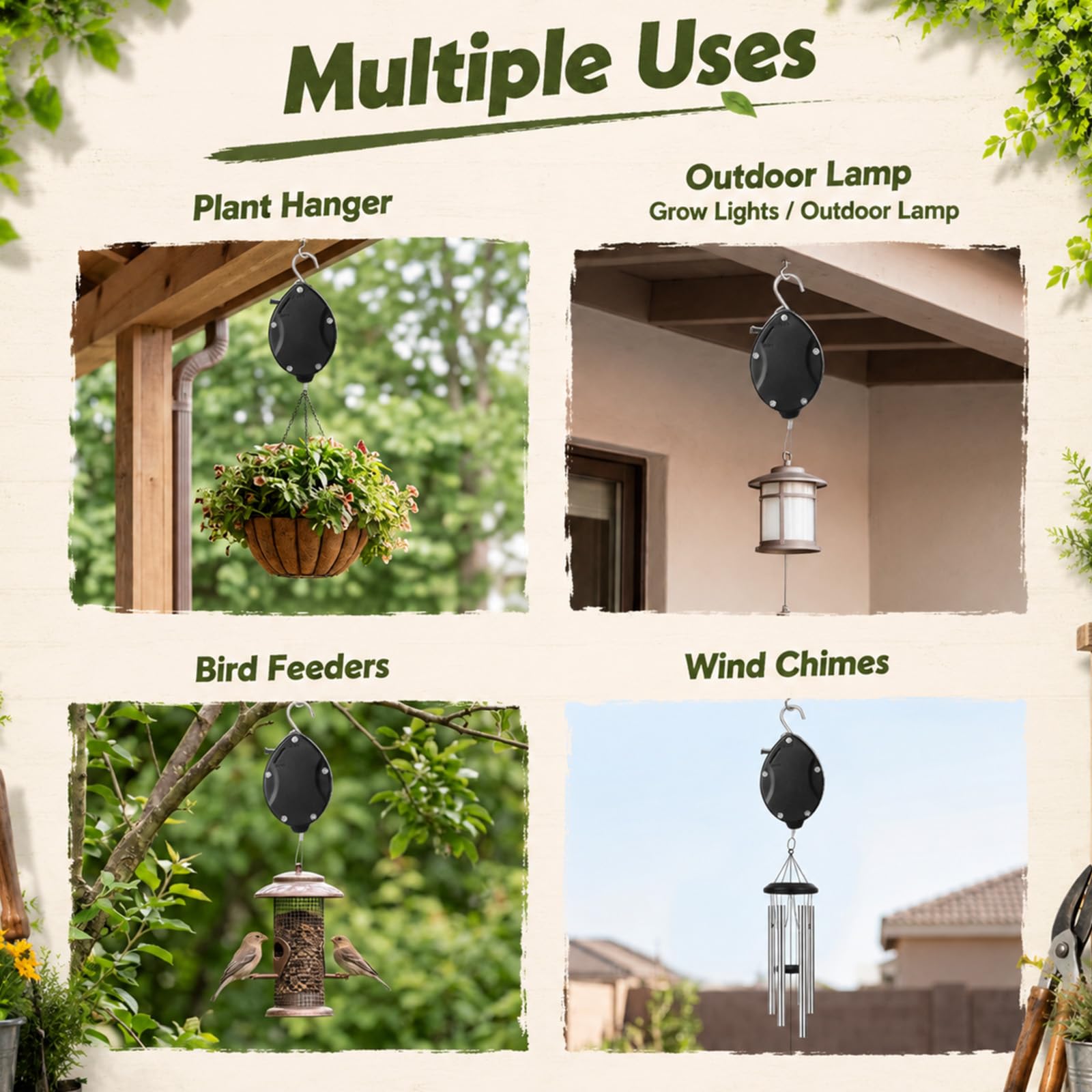 Flutesan Lot de 6 cintres rétractables avec 6 crochets de plafond en métal, poulies pour plantes suspendues, verrouillage automatique, crochets réglables pour panier de jardin, mangeoire à oiseaux et