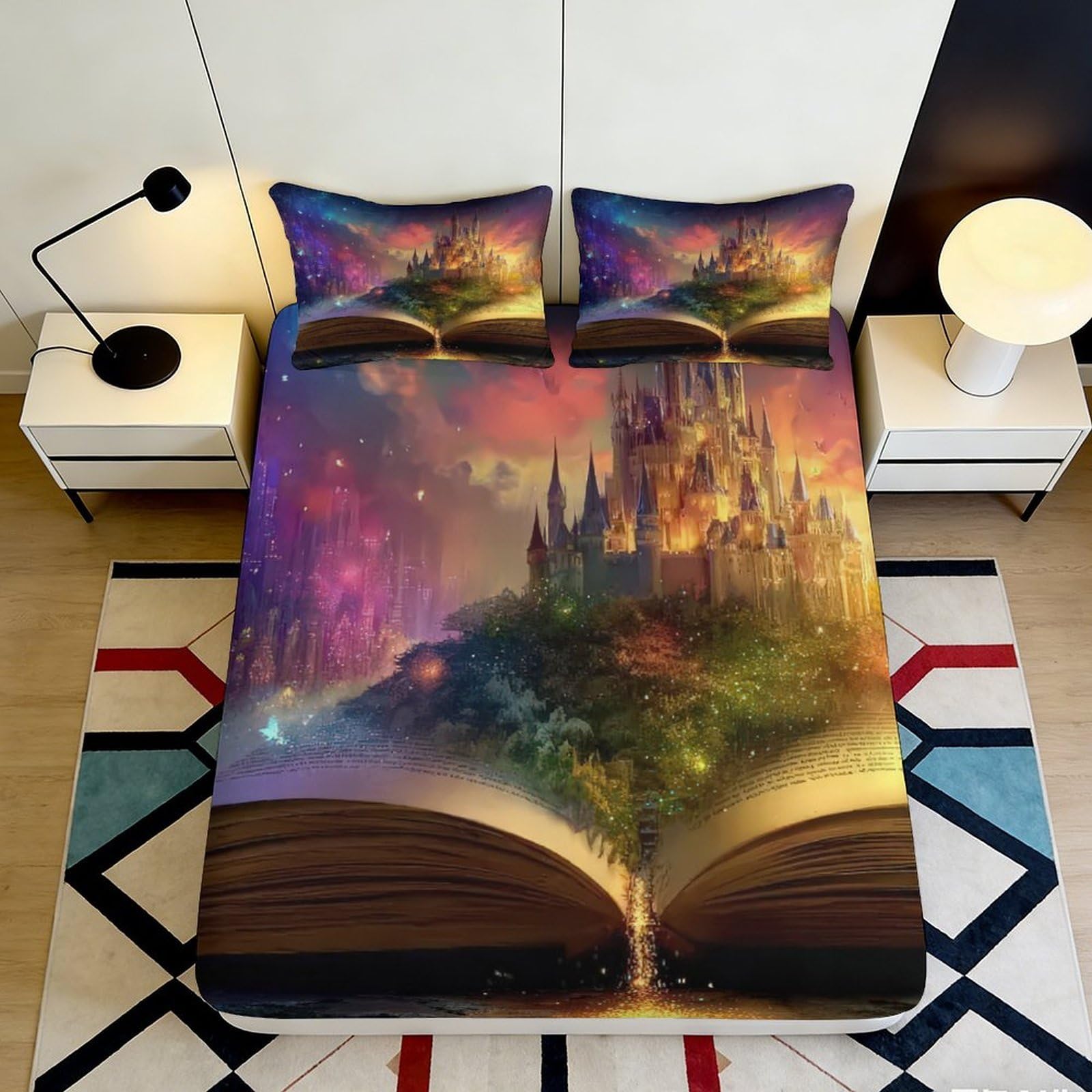 3D Printed Fantasy Castle Fitted Sheet Microfiber Soft Decorative Magic Book Mattress Cover Bedroom Dorm 90x200x25cm