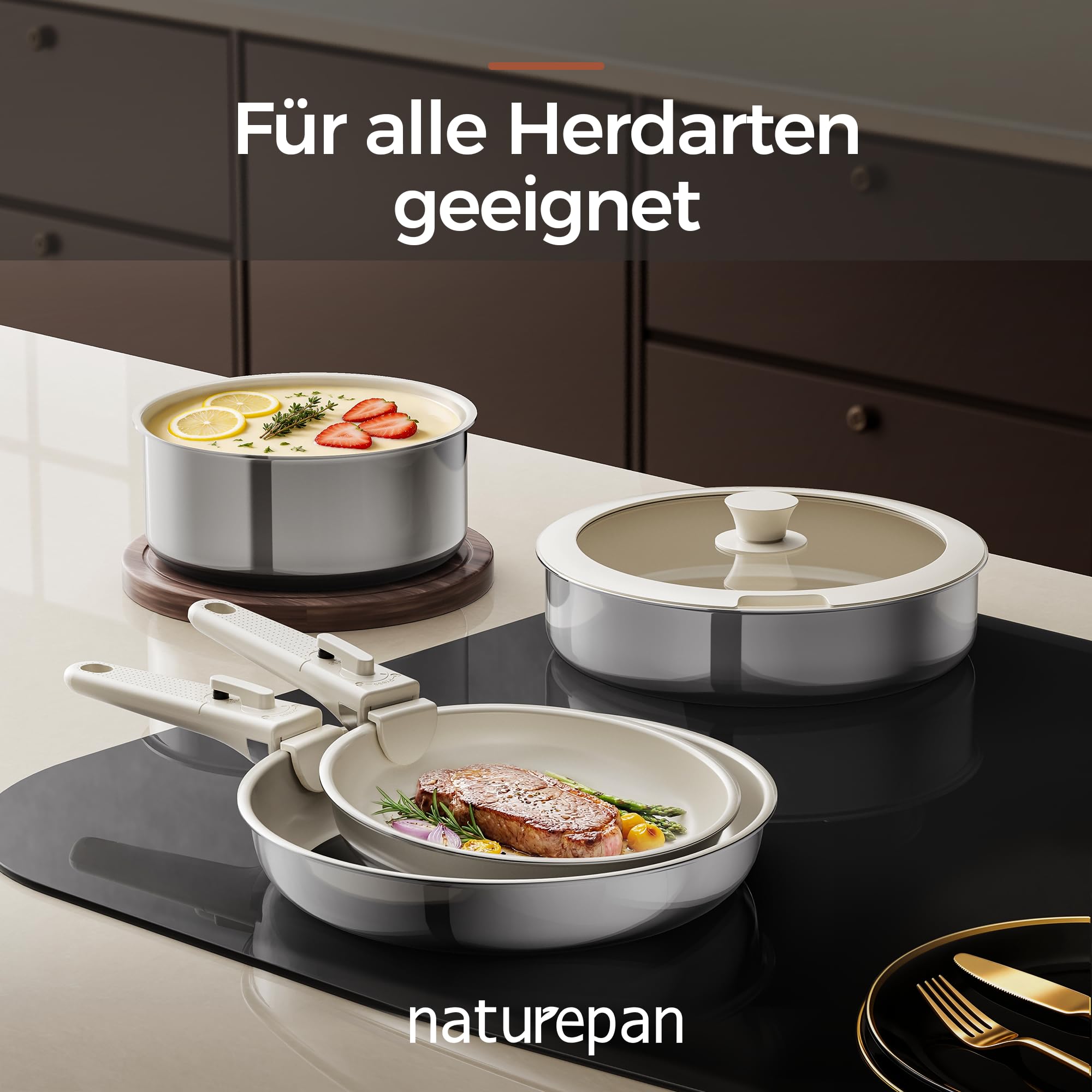 5-Teiliges Antihaft Keramik Pfannenset mit Abnehmbarem Griff, 3-Schichtiger Edelstahl Topf Set-PTFE/PFAS/PFOA frei, Töpfe Induktion, Platzsparendes Kochgeschirr, Backofen & Spülmaschinenfest