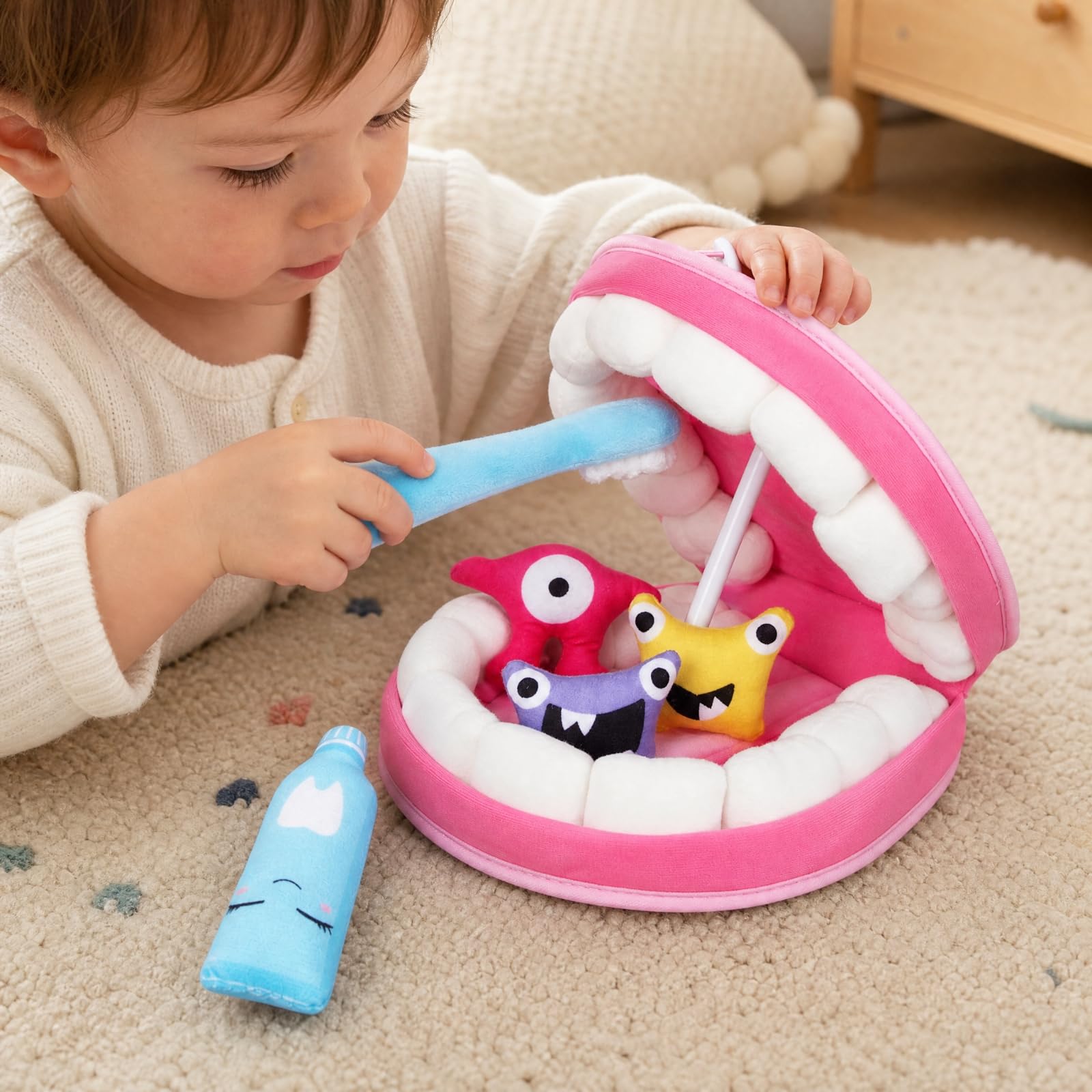Gralara Mundhygiene-Lernspielzeug pädagogisch Zahnputz-Spielzeug mit Plüschzahnbürste flauschig Plüsch-Mund mit Zähnen für, Vorschul-Lernen