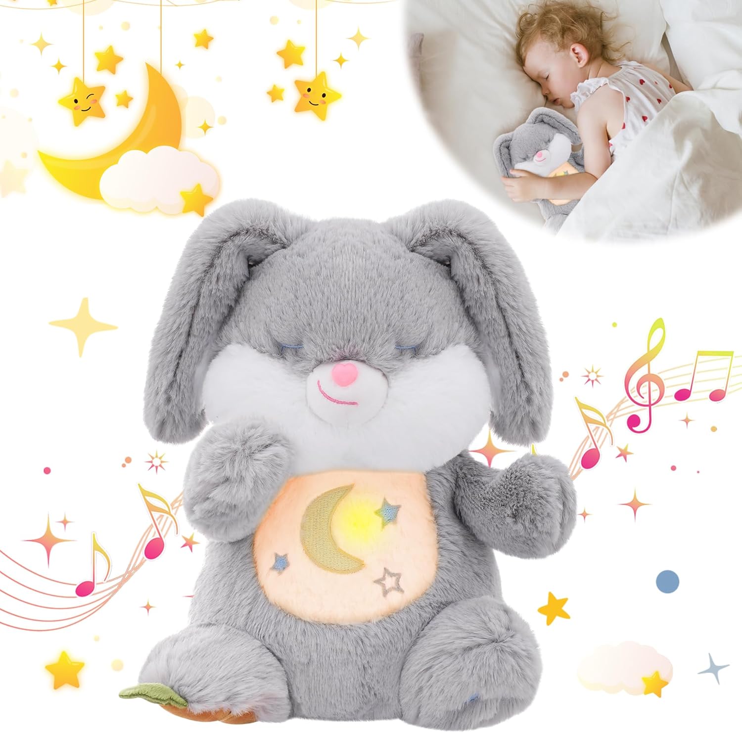 MIAODAM Soothing Cuddle Plush Toy, Breathing Stuffed Animal Bunny Plush with Realistic Breathing Action and Relaxing Music, for Babies and Toddlers, Hugging Plush for Emotional Comfort