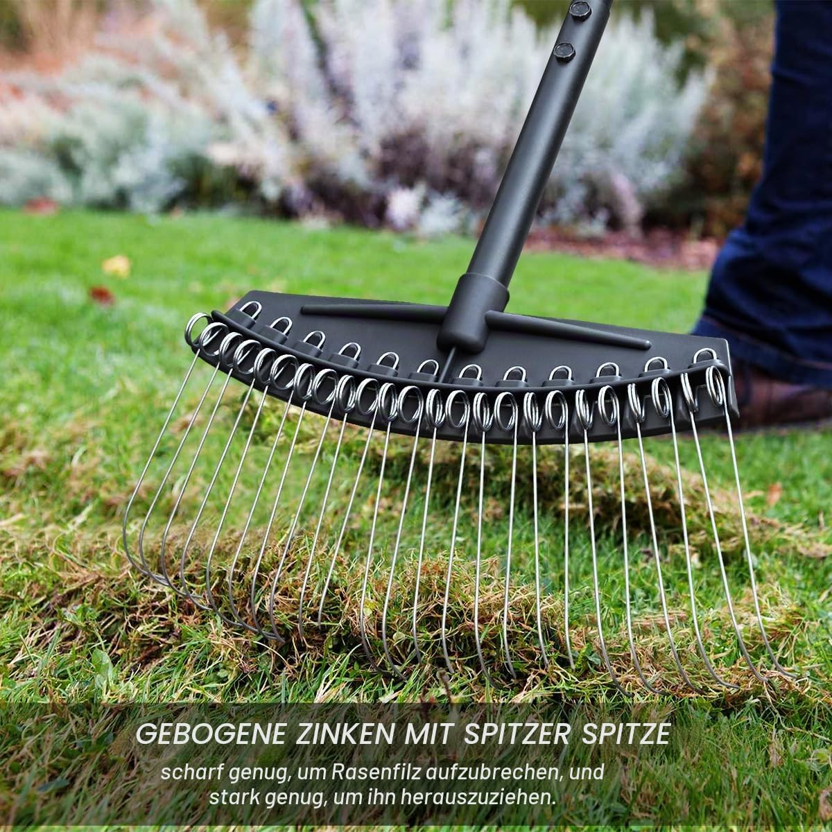 Colwelt Vertikutierer Rechen mit Federstahlzinken 156 cm Stahlgriff für Rasen Tannennadeln
