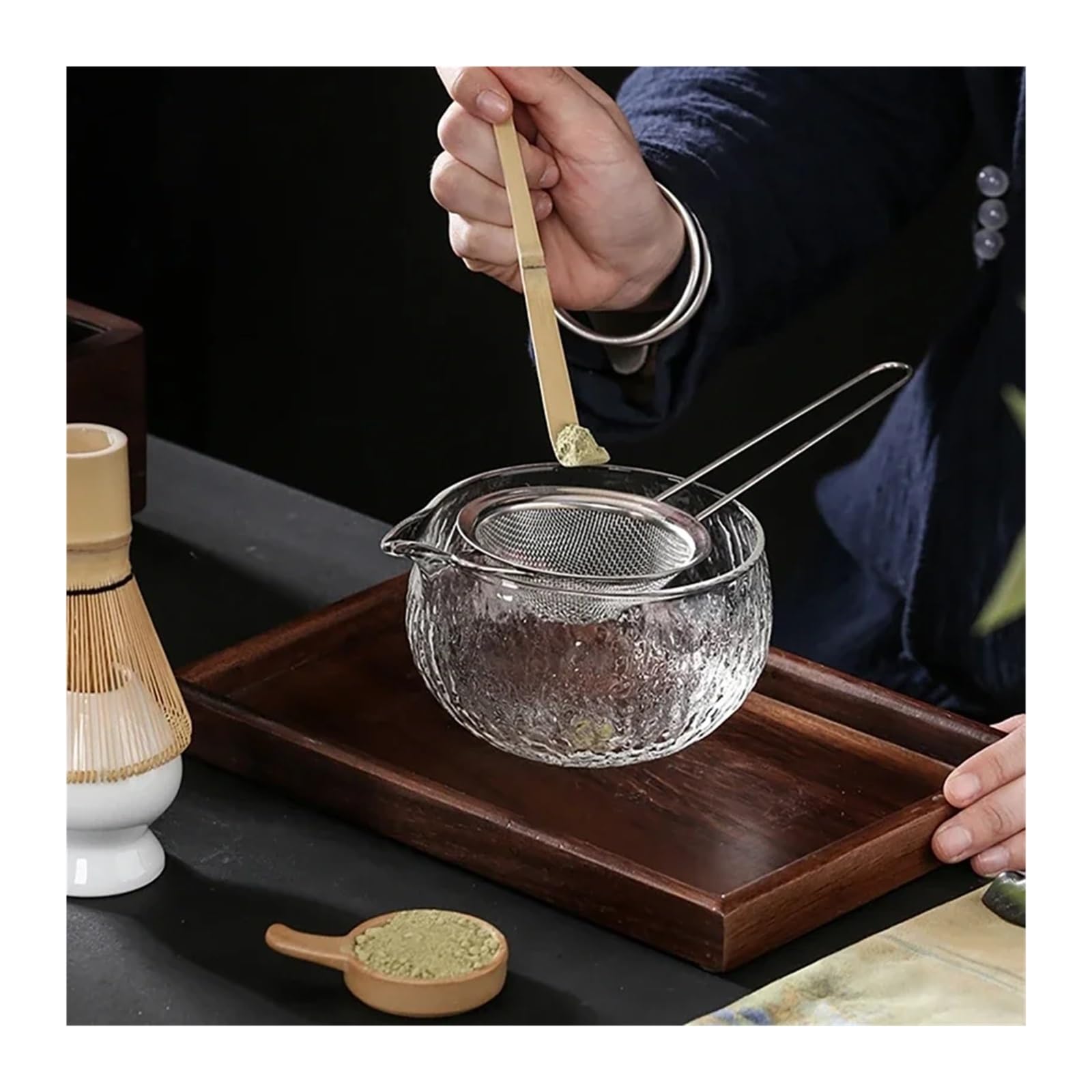 Juego de té Matcha 4/7 Uds., batidor bambú, cuchara, tazón vidrio, Kit herramientas for hacer hecho a mano for interiores tradicionales(11)