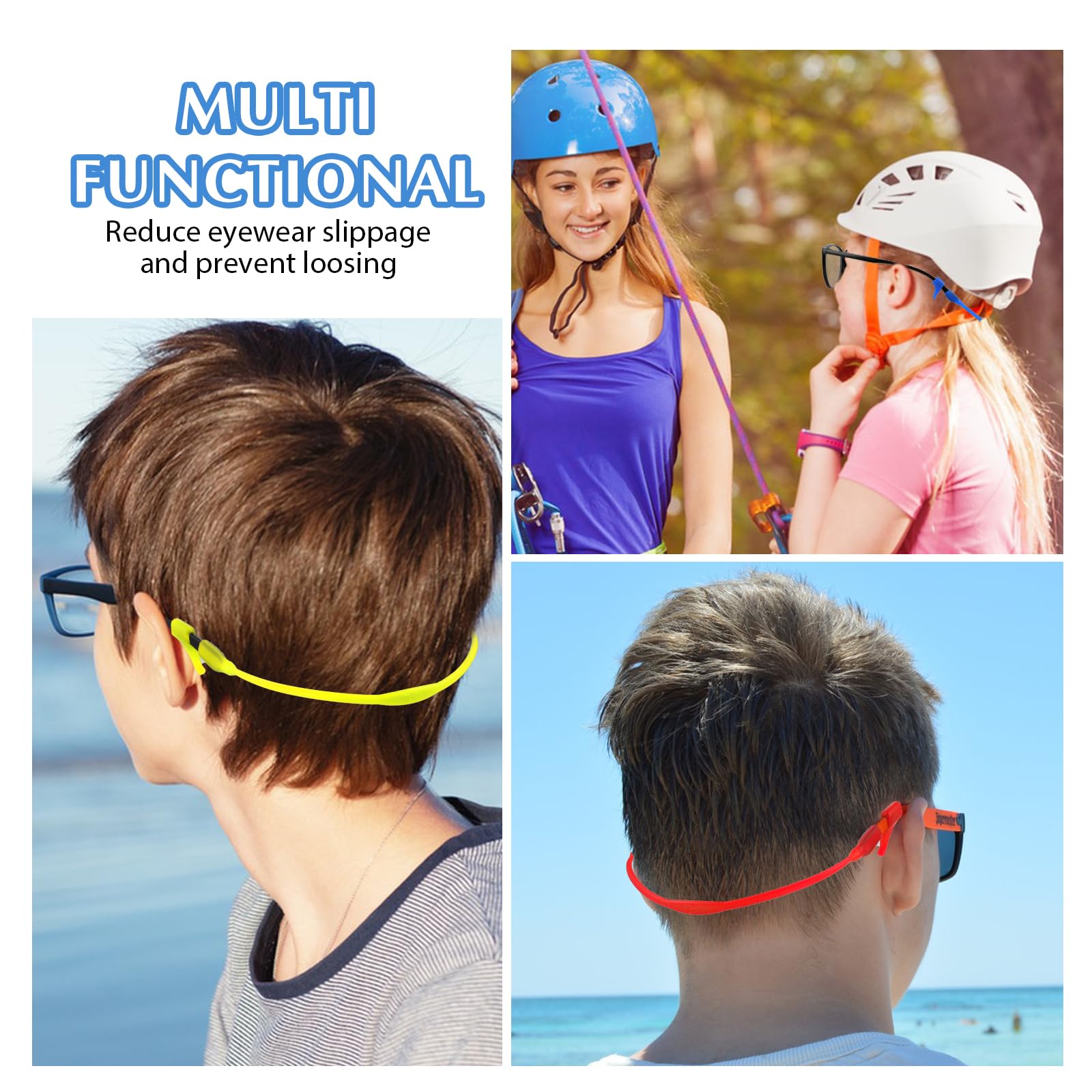 Amaxiu Confezione da 8 fasce per occhiali per bambini con 8 paia di ganci per orecchini, in silicone antiscivolo, supporto elastico per occhiali da sole, per bambini sportivi