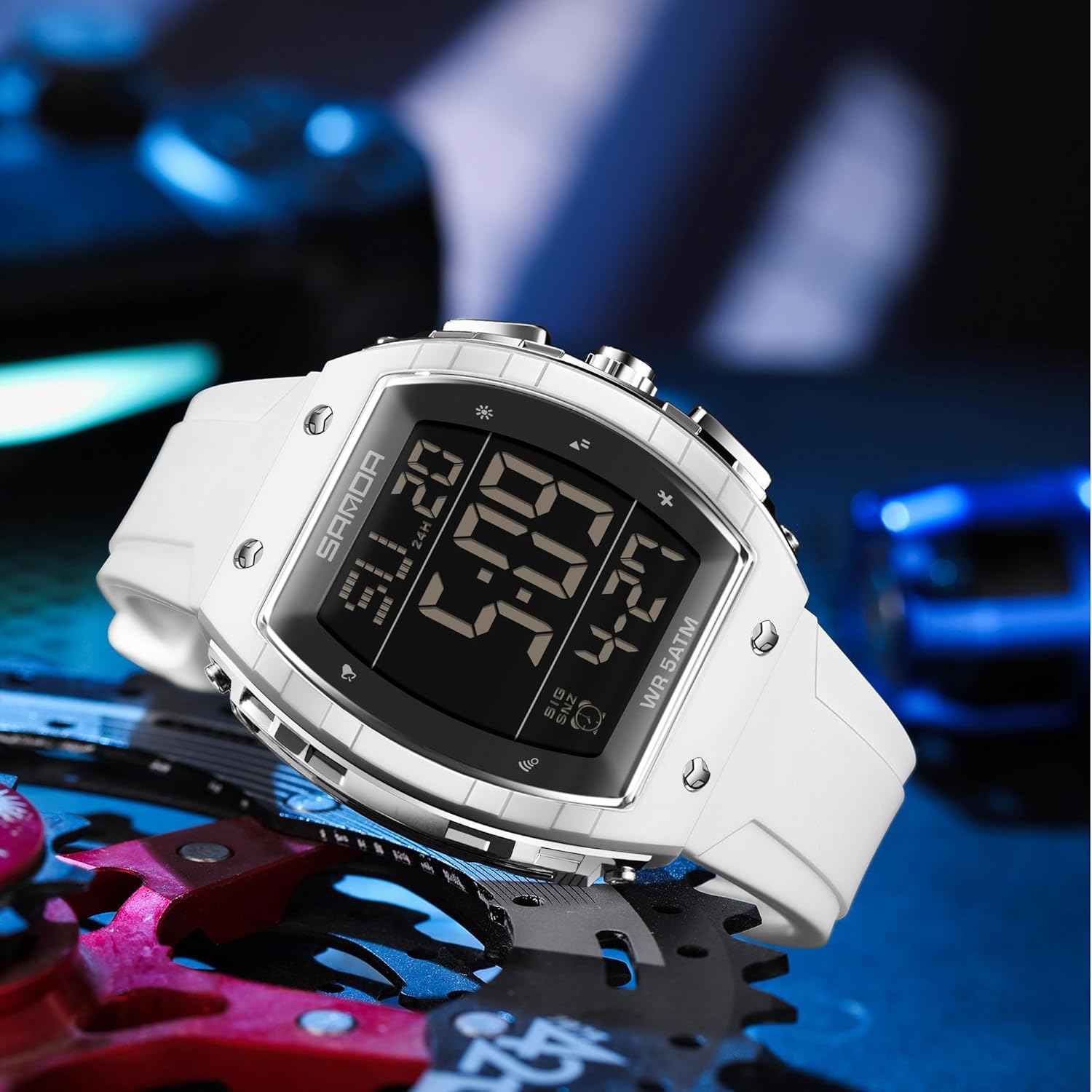 CARLIEN Men's Digital Sports Outdoor Tonneau Watch, 5ATM Waterproof, Square Tactical Silicone Strap Wristwatch, Dual Time Alarm Countdown Stopwatch LED Backlight - Image 3