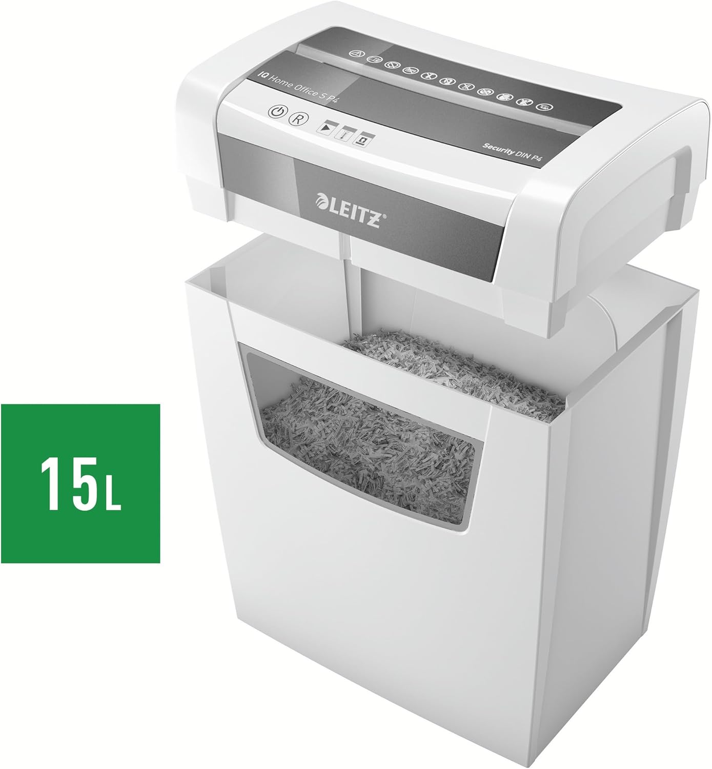 Leitz IQ Home Office S Paper Shredder, Capacity 9-8 Sheets (70-80 g/m²), Cuts Particles, Safety Level P4, 15 Litre Waste Container, Shredder, White, 80360000