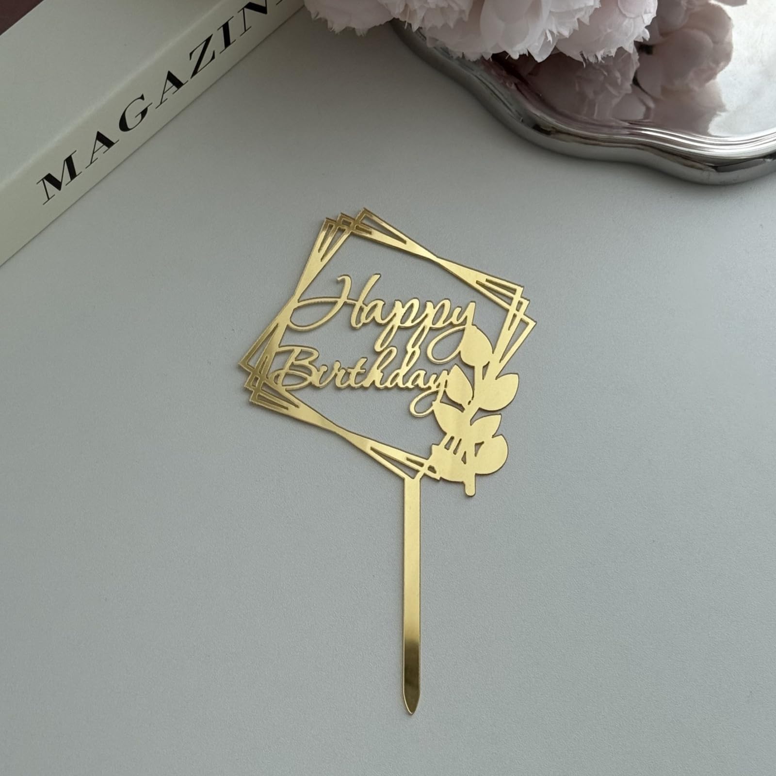 Happy Birthday Cake Topper Gold - Acrylic Elegant Cake Decoration with Geometric Design for Adult Party, Wedding, Anniversary