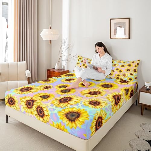 Miniatura 5 de Juego de sábanas de girasoles de granja, tamaño Queen, juego de sábanas con estampado de piel de leopardo y gato grande, decoración de dormitorio de