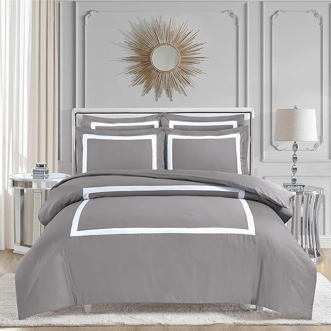 Majestic Giftware Madison Linen 4 Pcs 48" Twin Size Bedding Set (BL1-48T-3-4pcs) Province Hotel Collection-Taupe-White Tape 400 TC Cotton Sateen | 1 Fitted Sheet, 1 Duvet, 2 Pillowcases